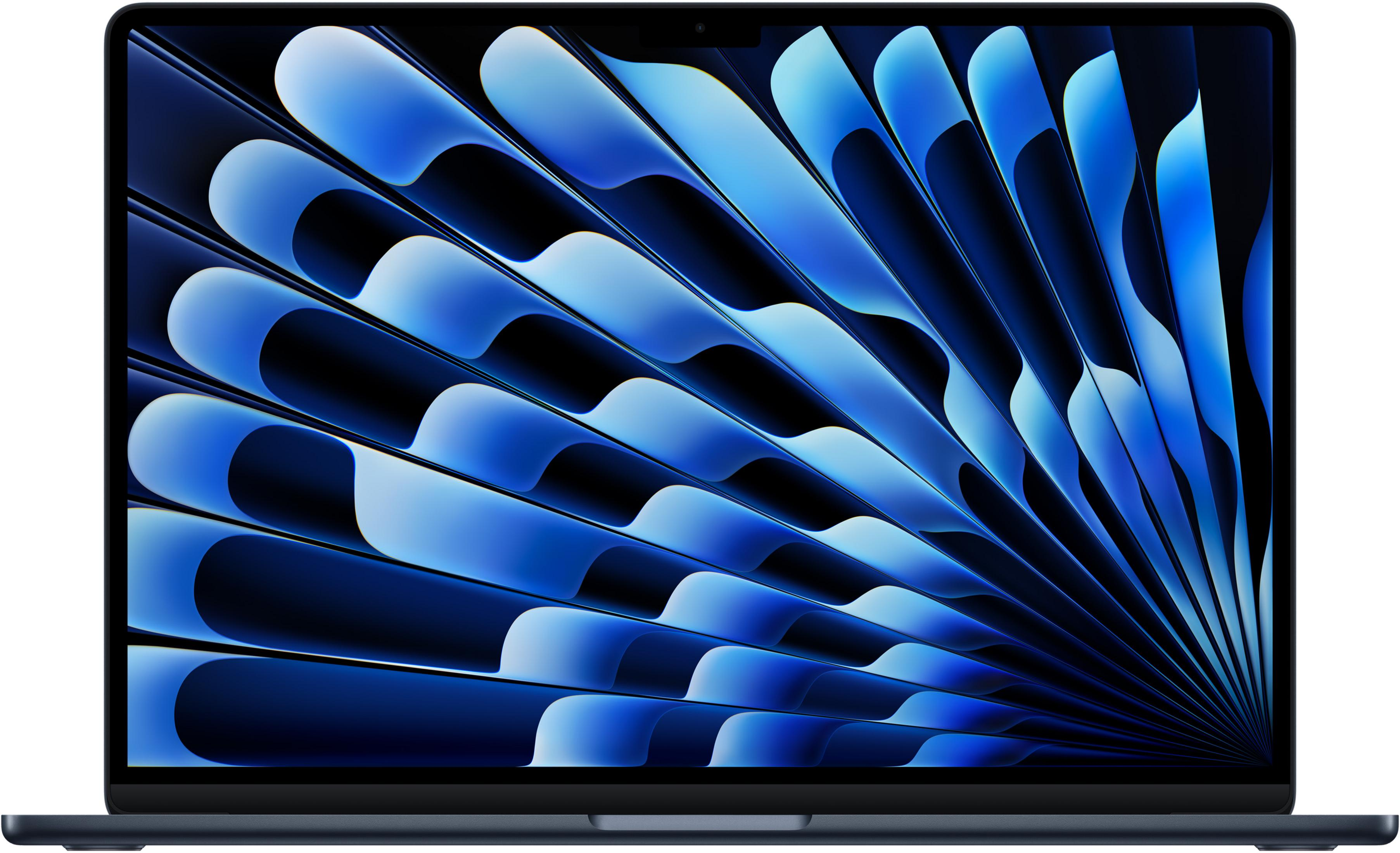 Ein geschlossener Laptop mit einem abstrakten blauen Hintergrund auf dem Bildschirm.