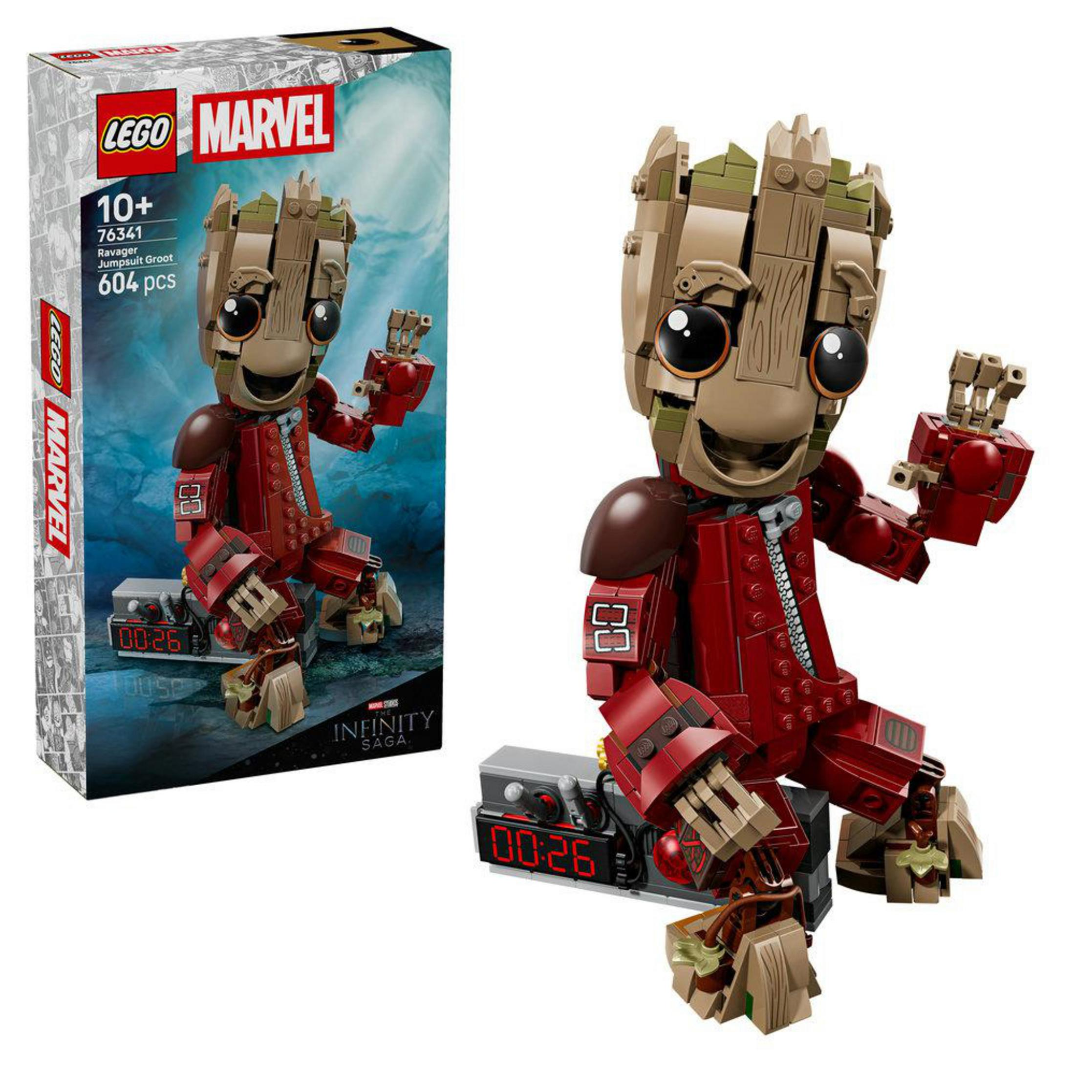 Set LEGO Ravager Jumpsuit Groot con caja. La figura sostiene un orbe rojo.