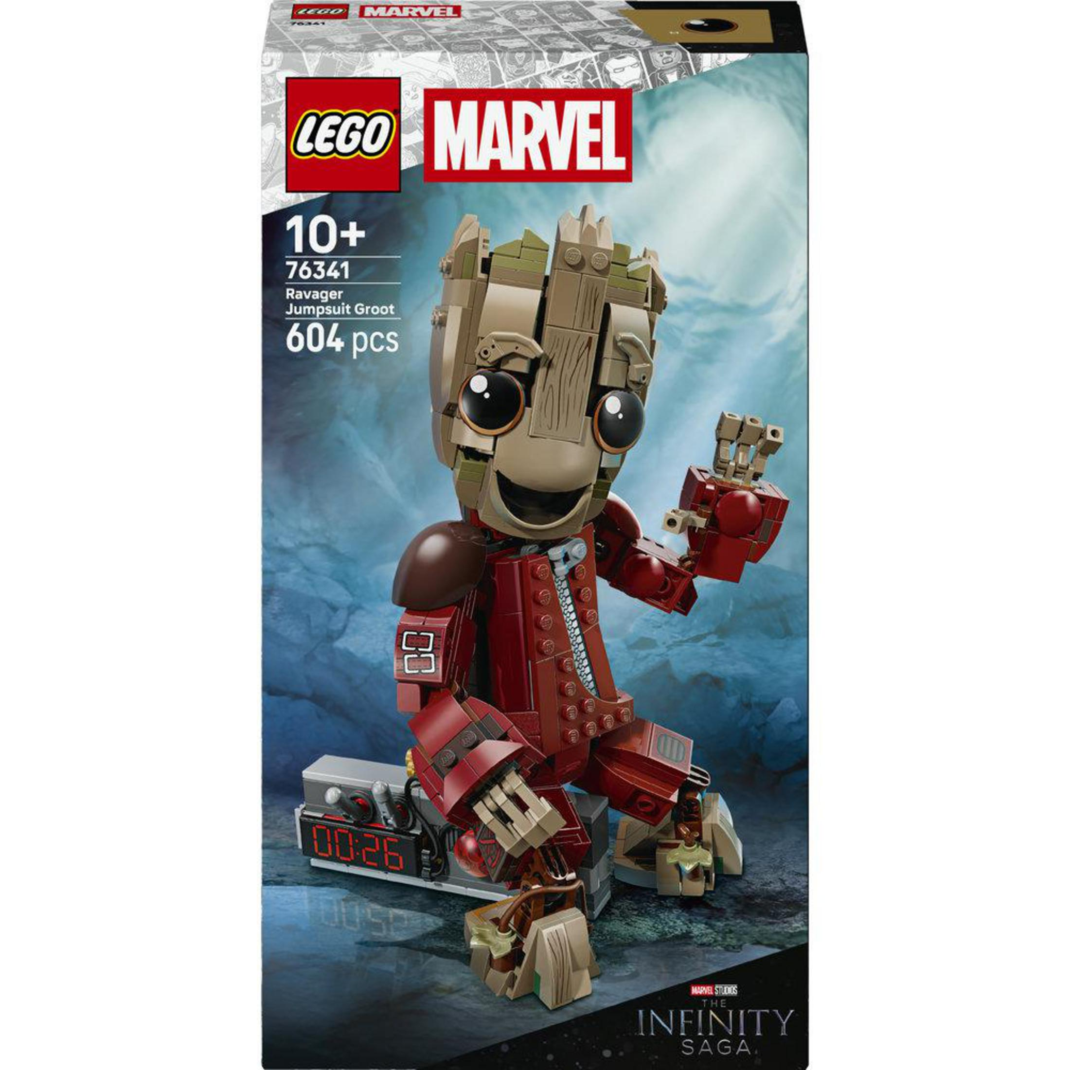 Set de construcción LEGO Marvel Ravager Jumpsuit Groot con 604 piezas sobre fondo oscuro.