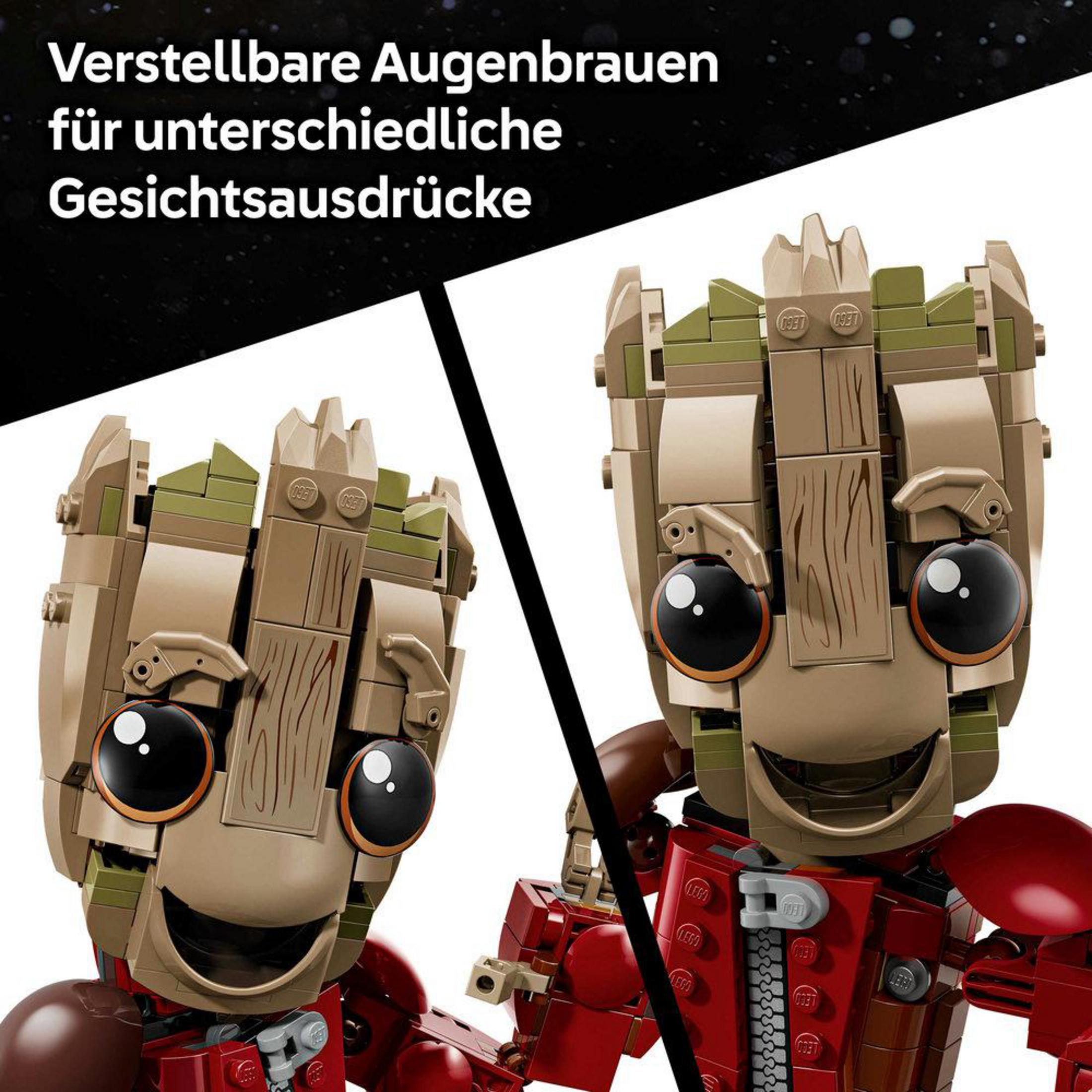 Una figura de Lego Groot con cejas ajustables y pieza de pecho roja.