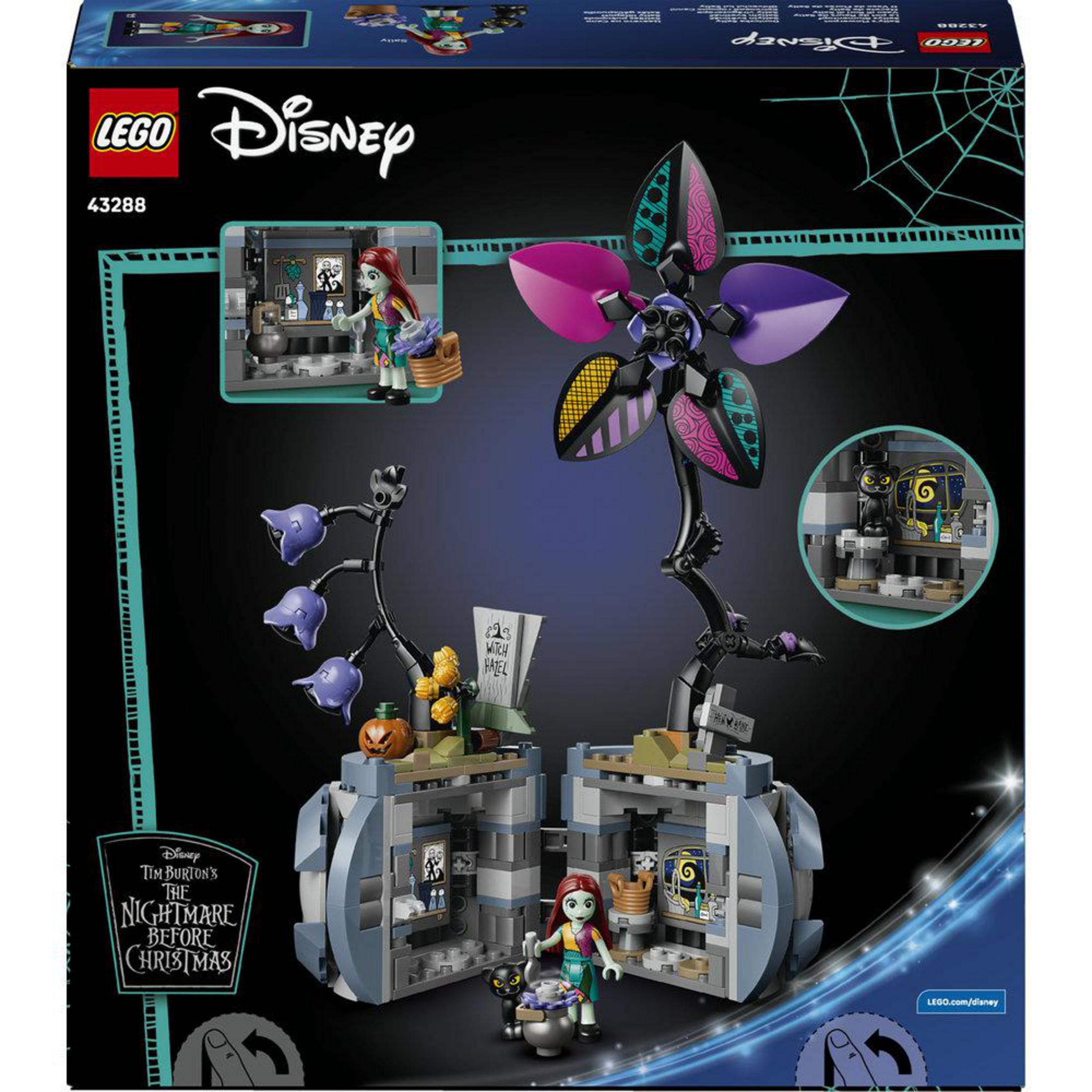 Postać Sally z LEGO Disney Miasteczko Halloween z kotłem i czarnym kotem.