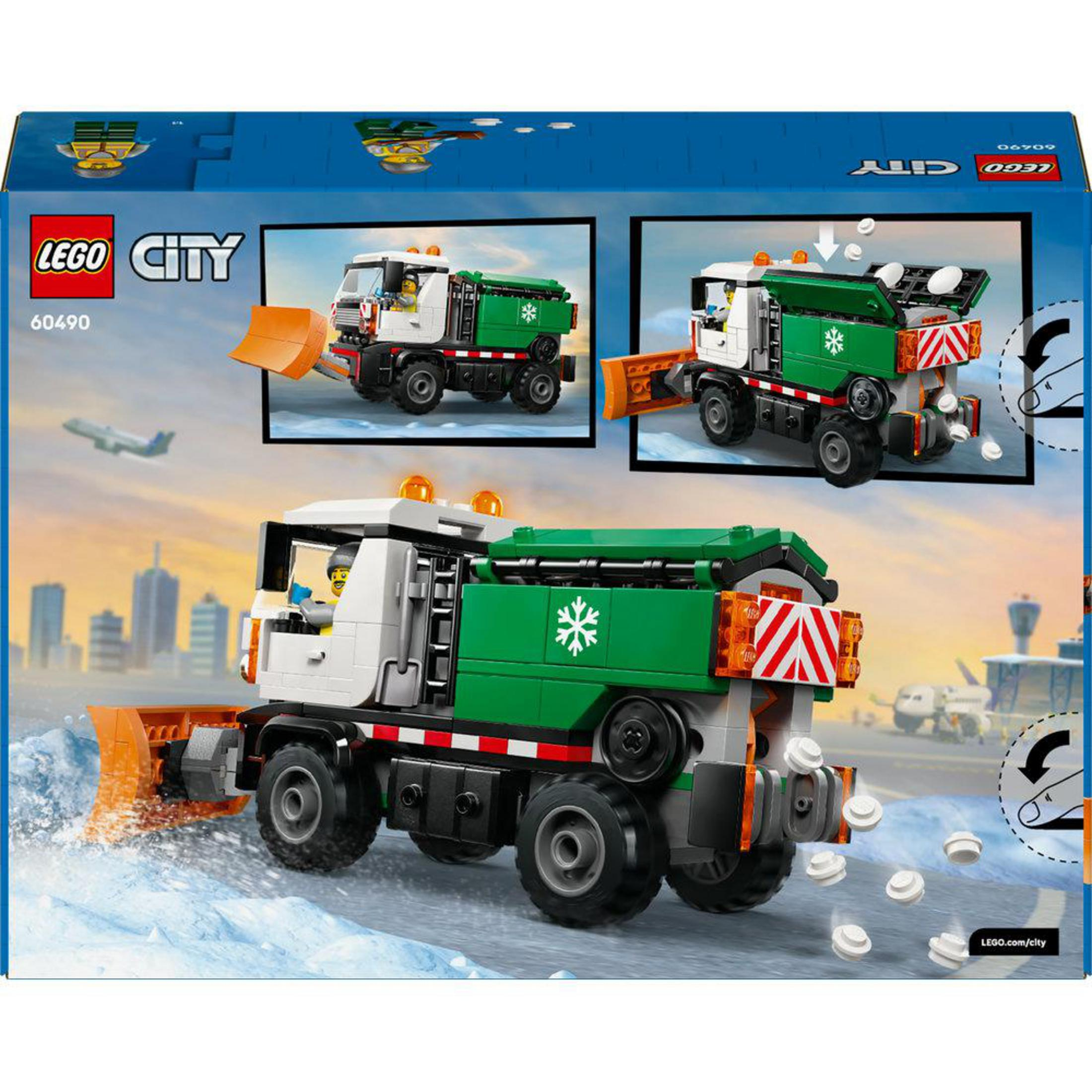 Camión quitanieves Lego City con pala naranja, carga verde y minifigura.