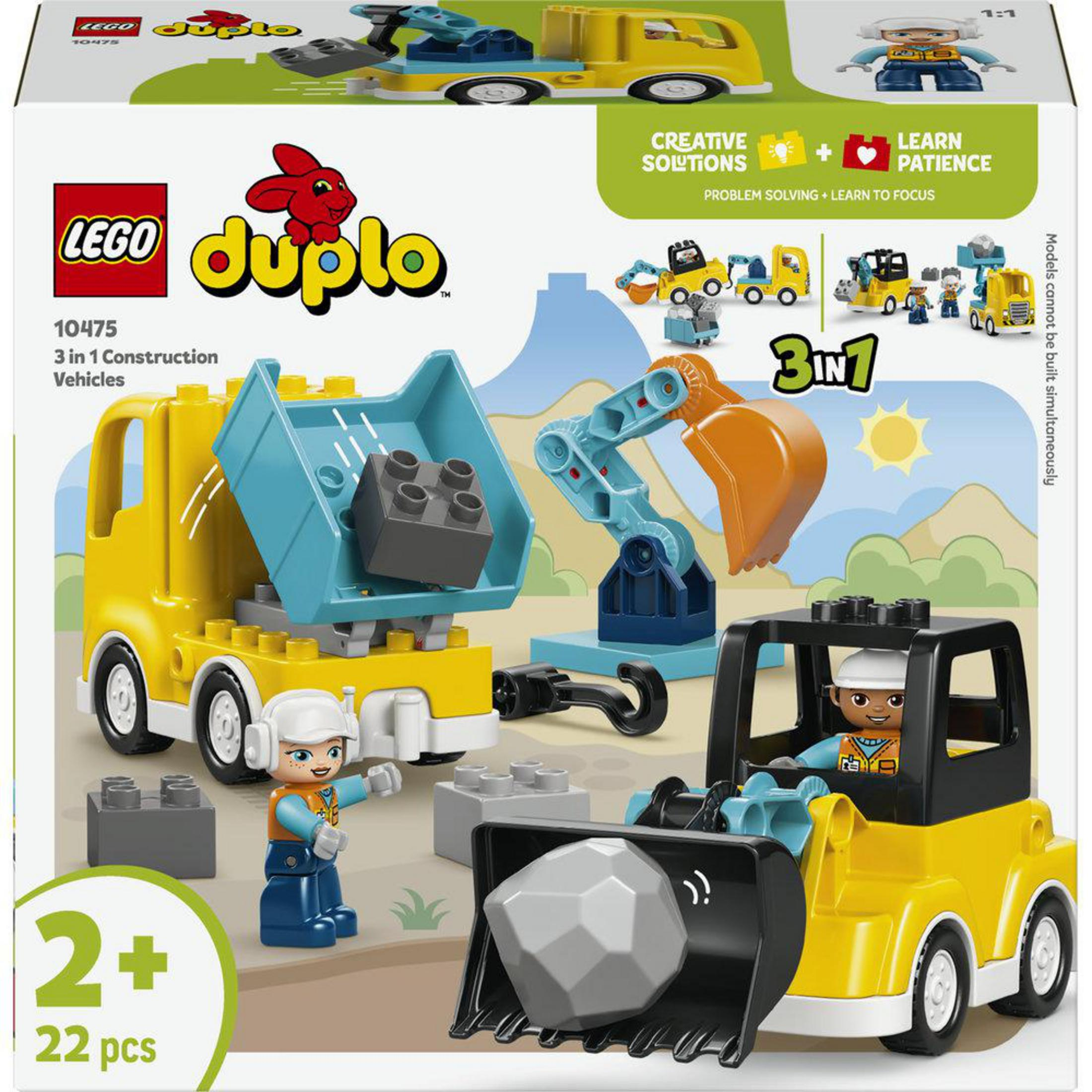 Pojazdy budowlane LEGO Duplo, figurki i klocki na scenie budowy.