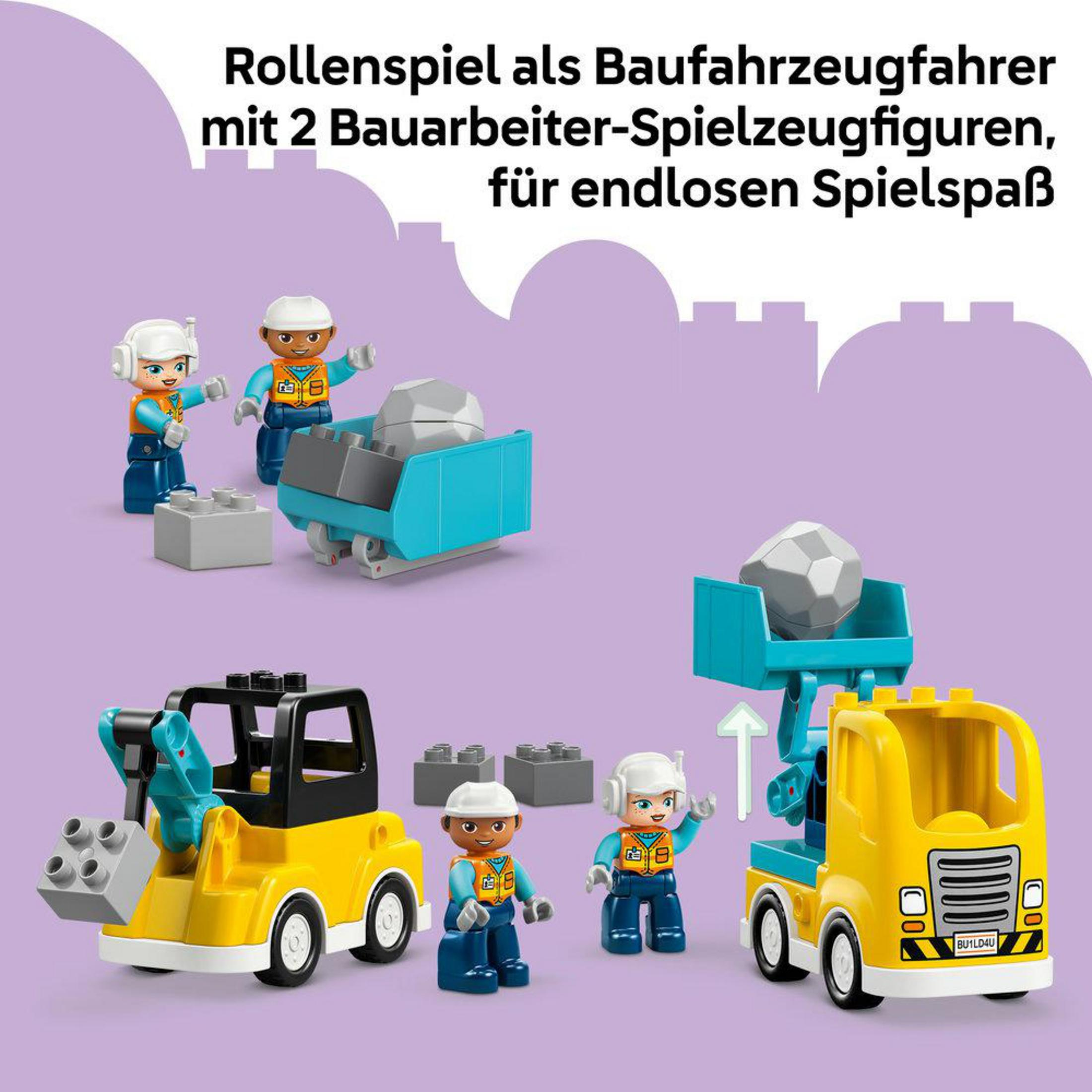 Pojazdy budowlane z 3 figurkami: koparka, wywrotka i 2 budowlańców.