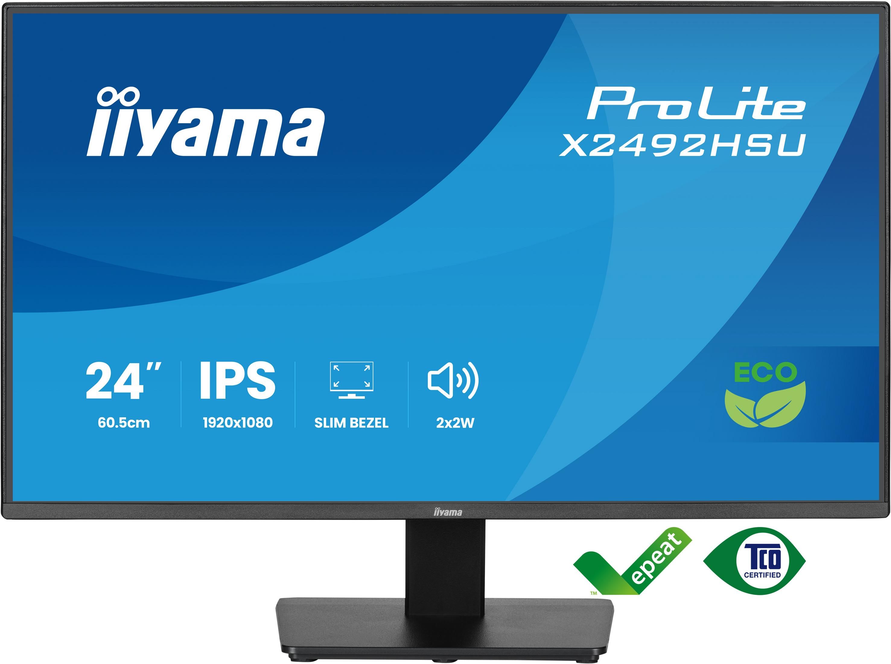 Un monitor IPS de 24 pulgadas con resolución 1920x1080, bisel delgado y logo ECO.
