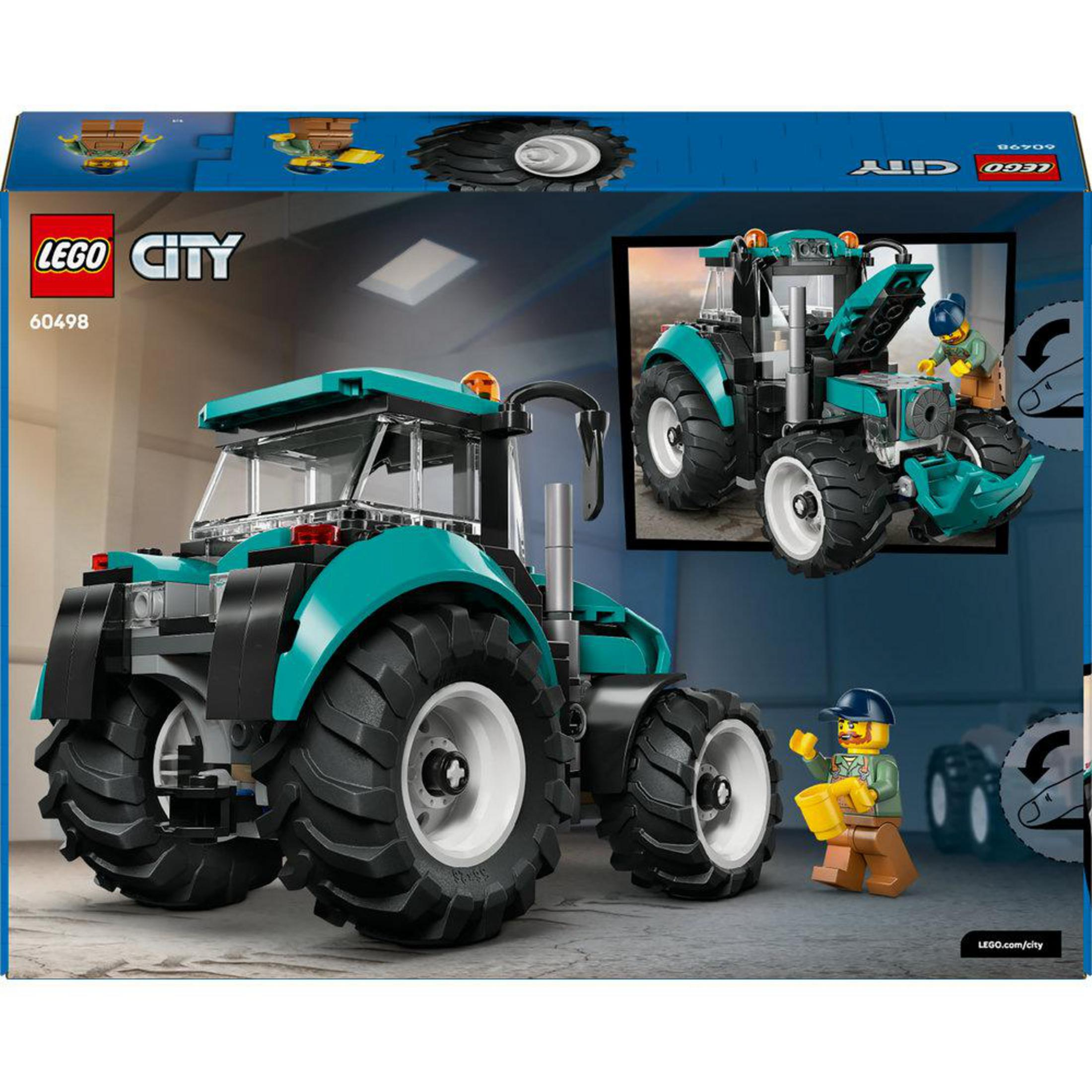 Turkusowy traktor Lego z dużymi oponami i dwiema minifigurkami.