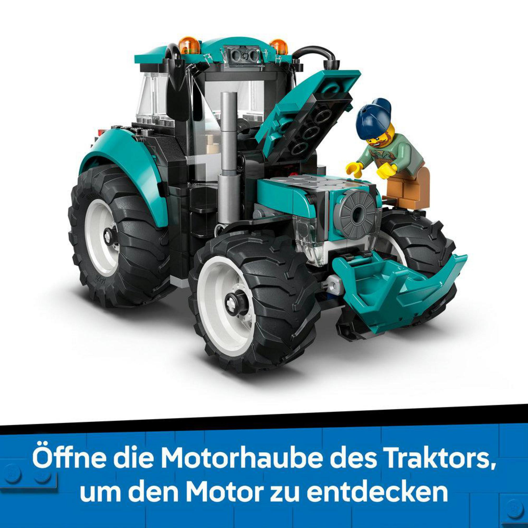Tealowy traktor Lego z kierowcą otwierającym maskę.