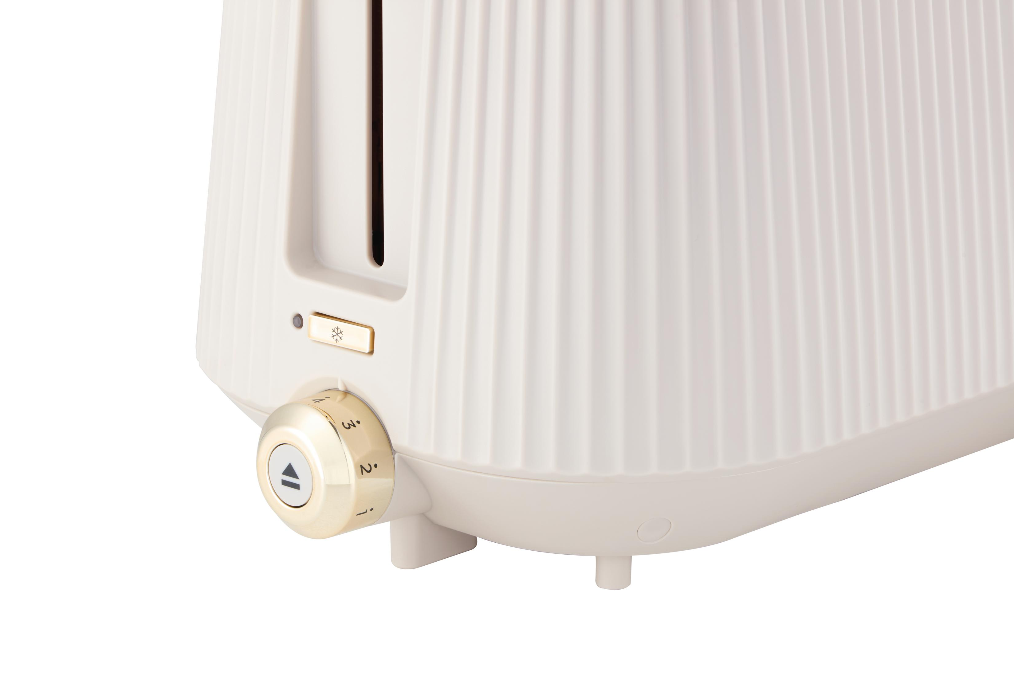 Ein cremefarbener Toaster mit Rillen und goldenen Bedienelementen.