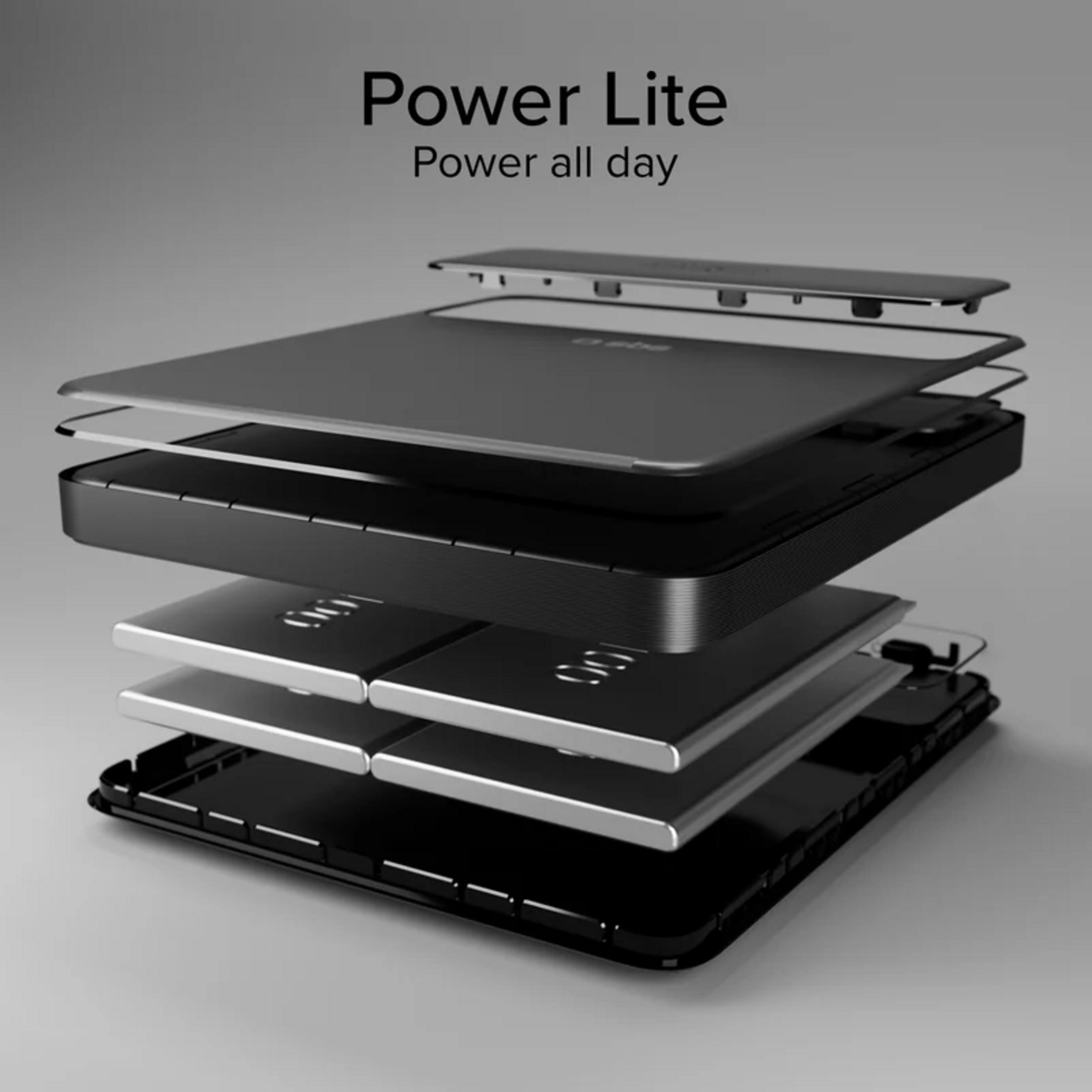 Vista esplosa di un power bank nero che mostra batterie ed elettronica.