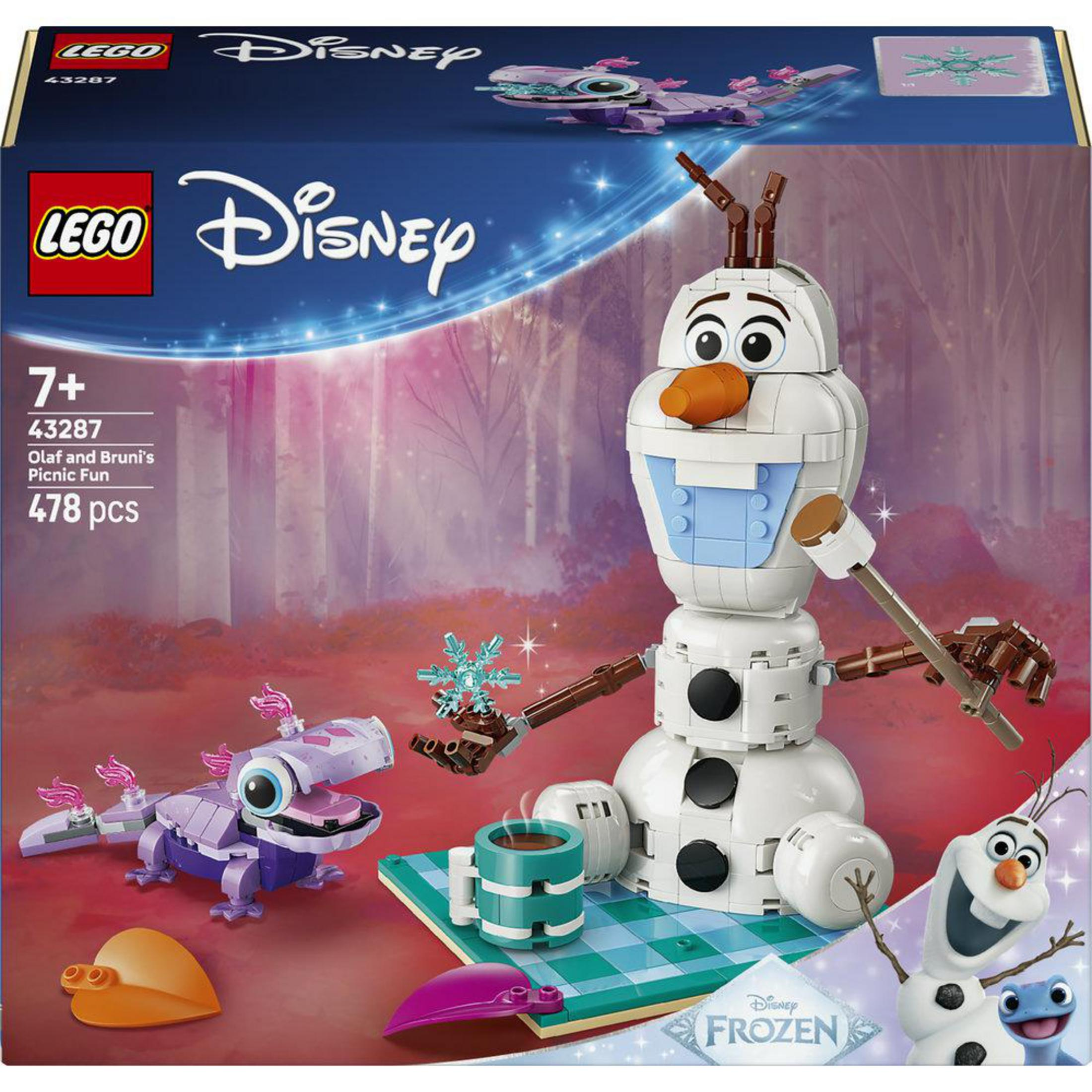 Set Lego de Olaf y Bruni con un muñeco de nieve y una salamandra en una manta de picnic.