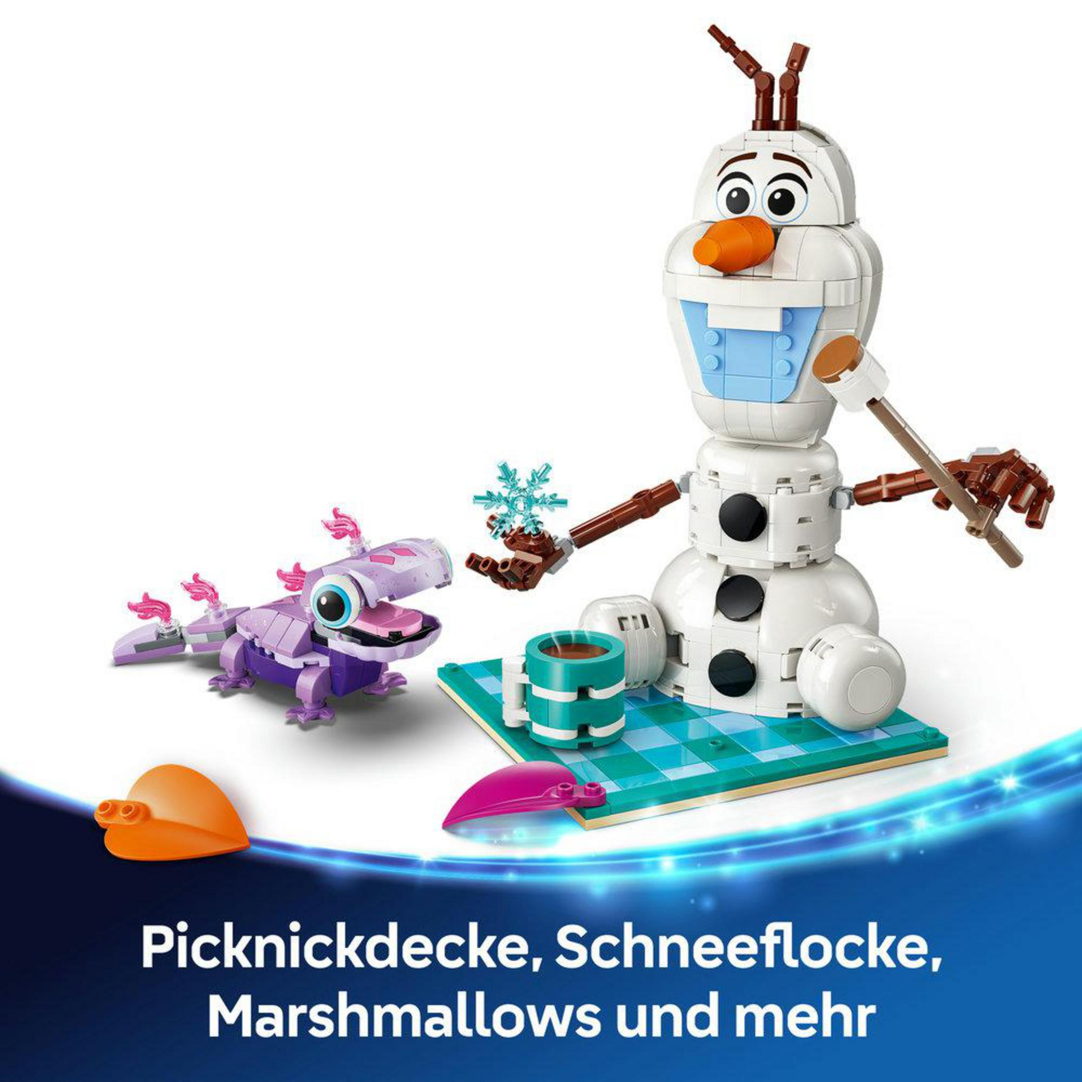 Olaf y una criatura morada con copo de nieve y bebida en manta de picnic.