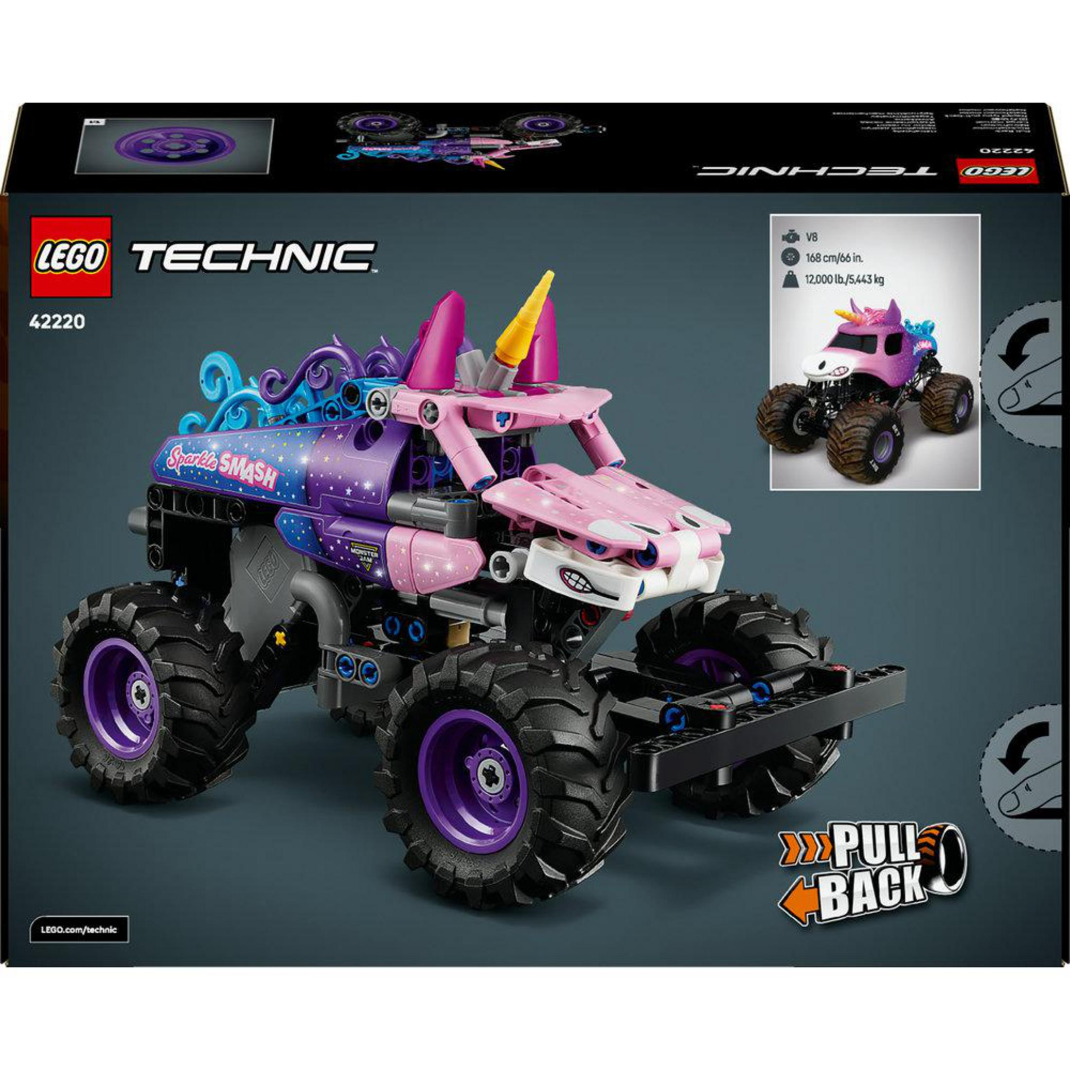 Unicorn temalı Lego Technic "Sparkle Smash" canavar kamyon, geri çek-bırak özelliğine sahip.