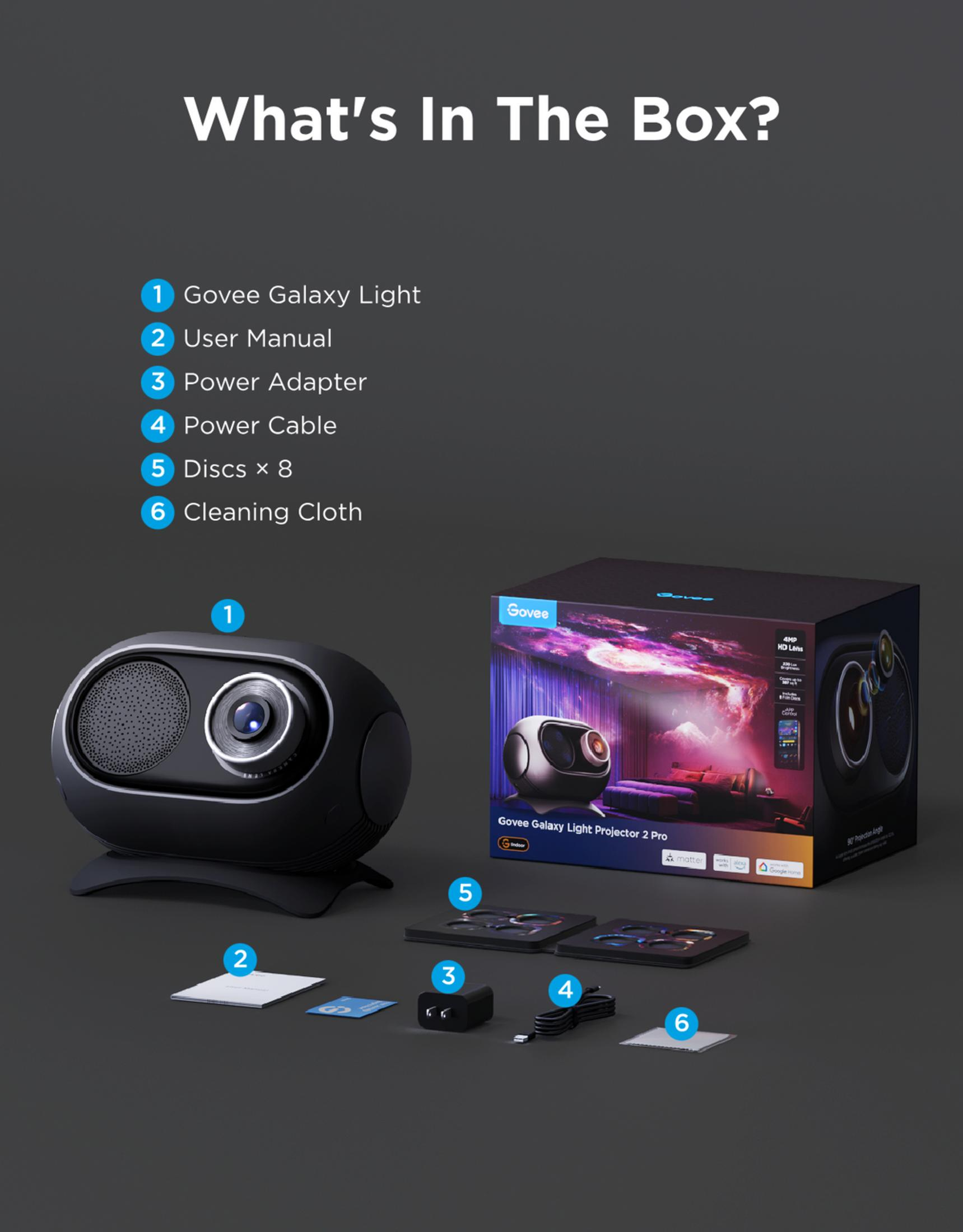Kutu içeriği: Govee Galaxy Işığı, kılavuz, adaptör, kablo, 8 disk, bez.