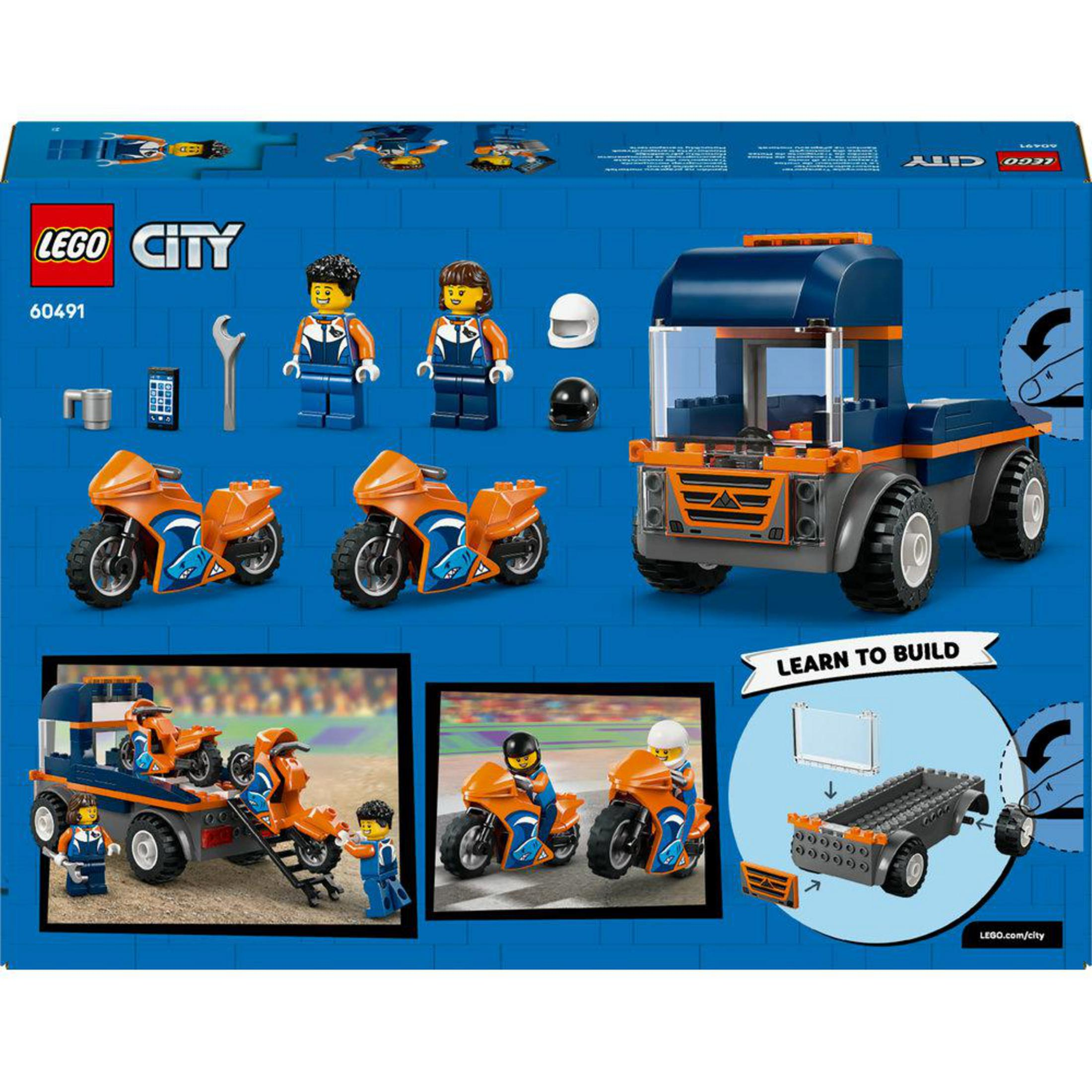 Arte de caja Lego City: Figuras Lego, motocicletas, camión, remolque e instrucciones.