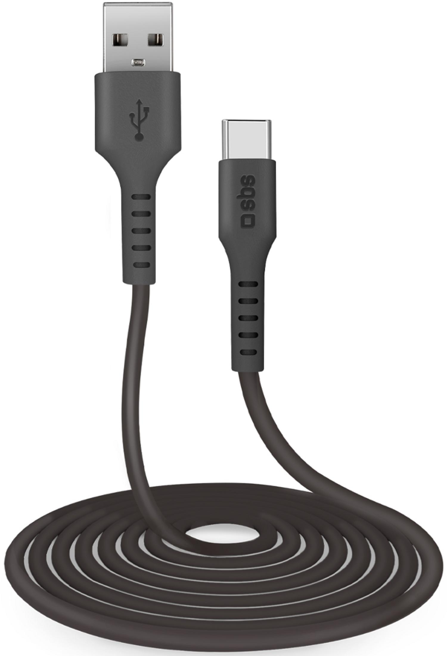 Un cavo USB-A a USB-C grigio scuro, arrotolato.