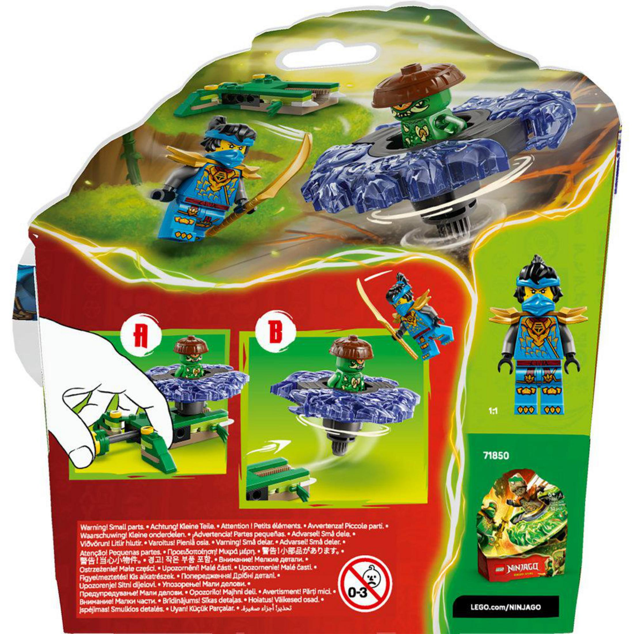 Ninjago-Spielzeugverpackung mit Minifiguren und Spielsets, Warnhinweisen.