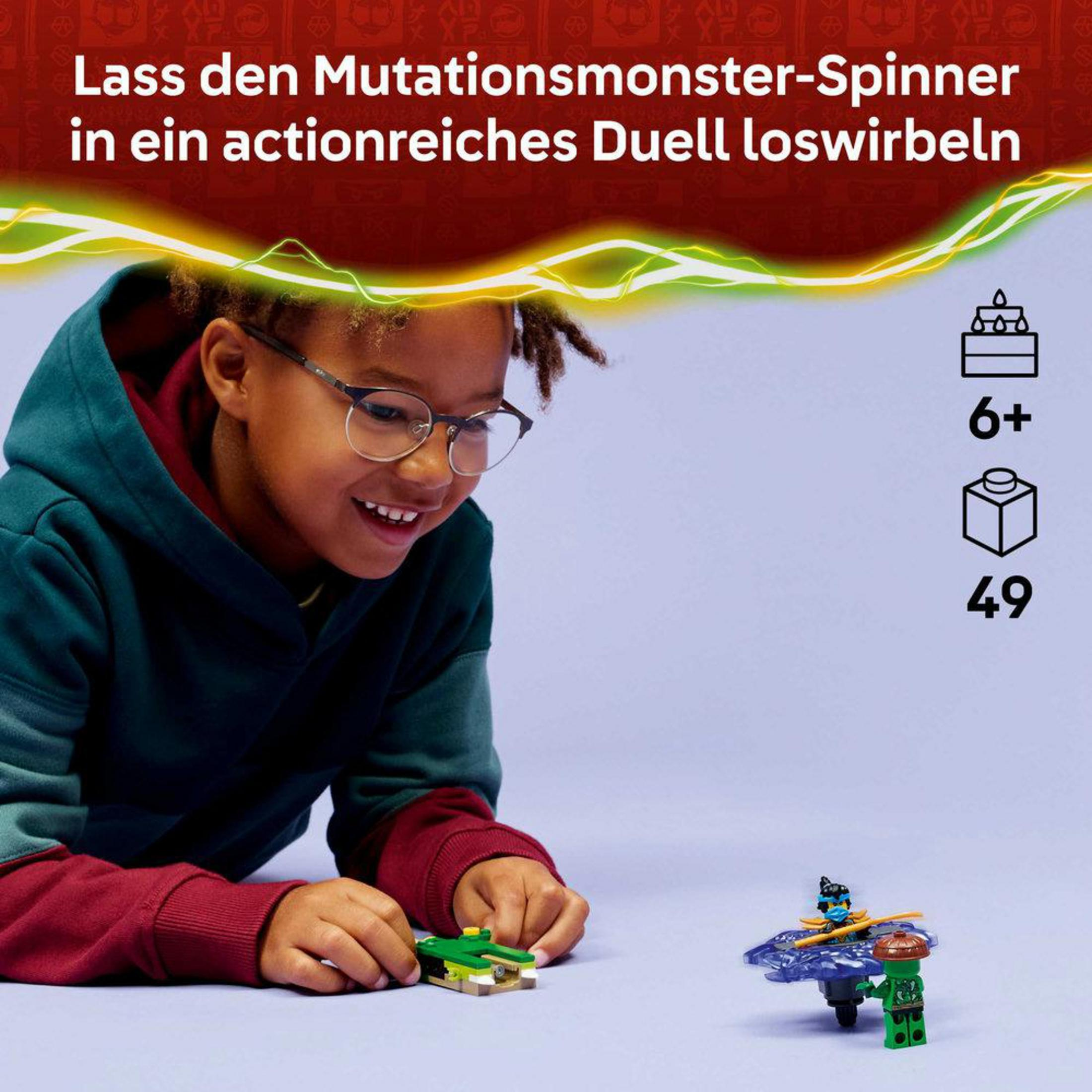 Junge spielt mit Lego-Spinnern und Figuren vor lila Hintergrund, mit Text.