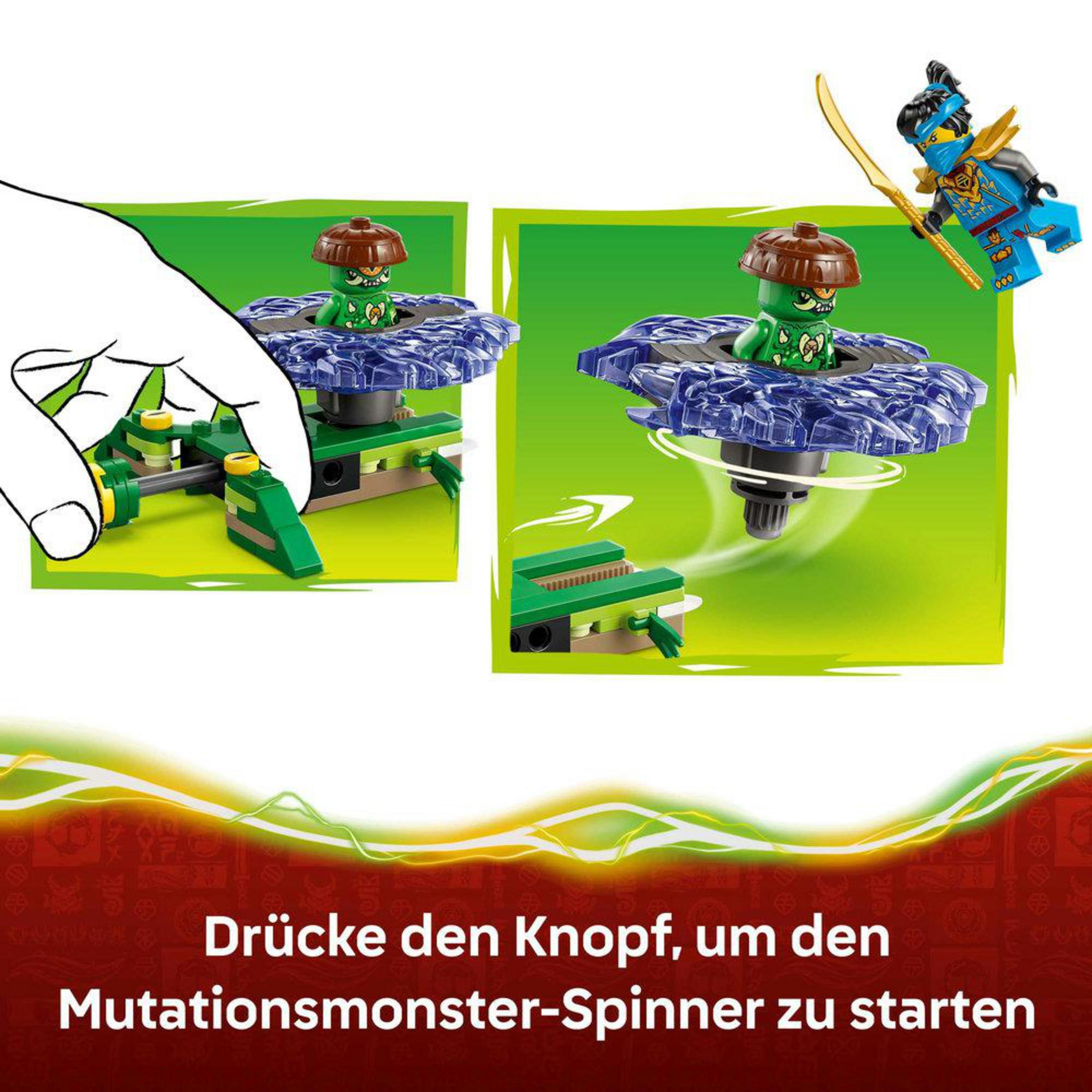 Zwei Lego-Szenen: Hand drückt grünen Spinner-Basis, Figur auf blauem Spinner.