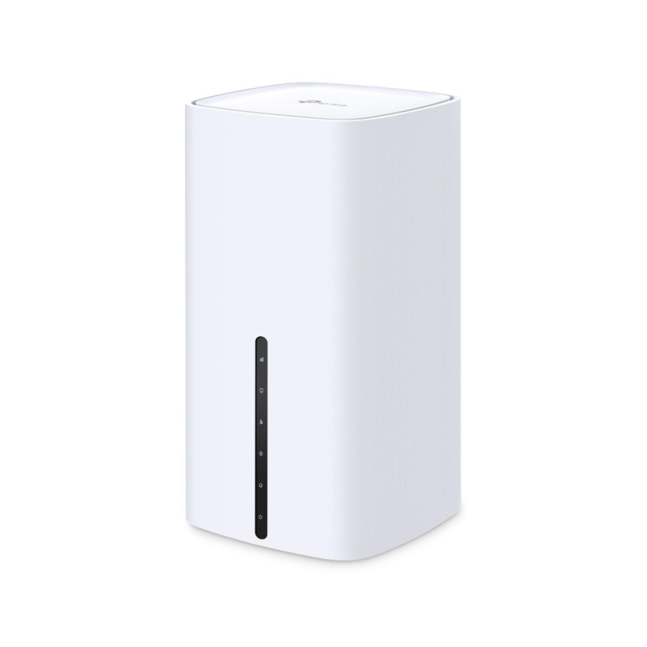 Ein weißer TP-Link Router mit einem vertikalen schwarzen Streifen mit Lichtern.