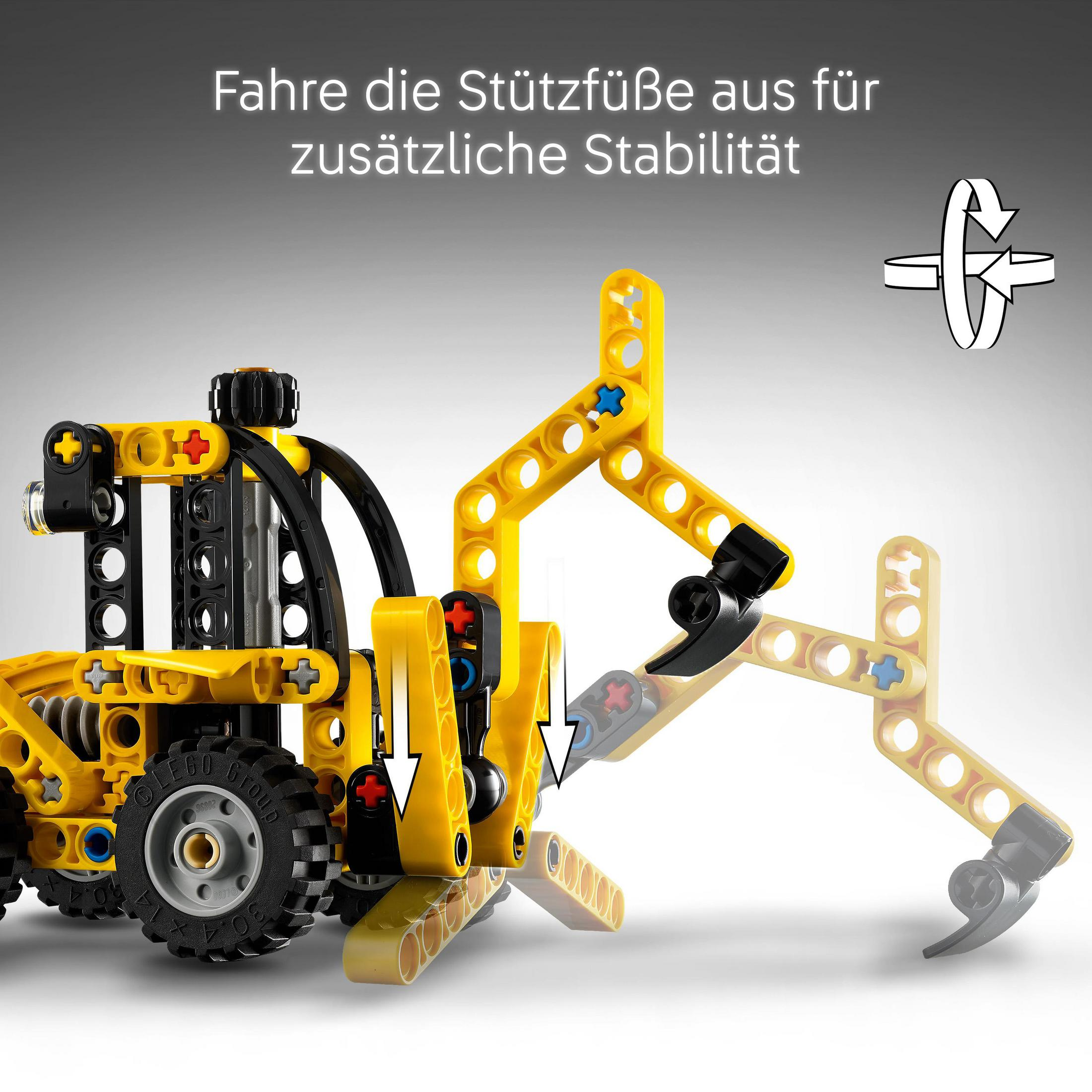 Sarı LEGO Technic ekskavatör, stabilite için uzatılmış desteklerle.