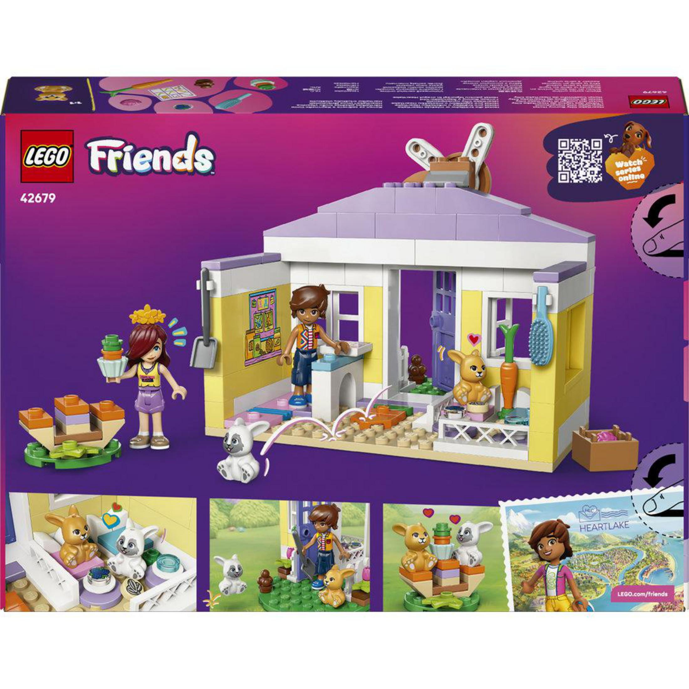Set Lego Friends de cuidado de mascotas con figuras, animales y casa.