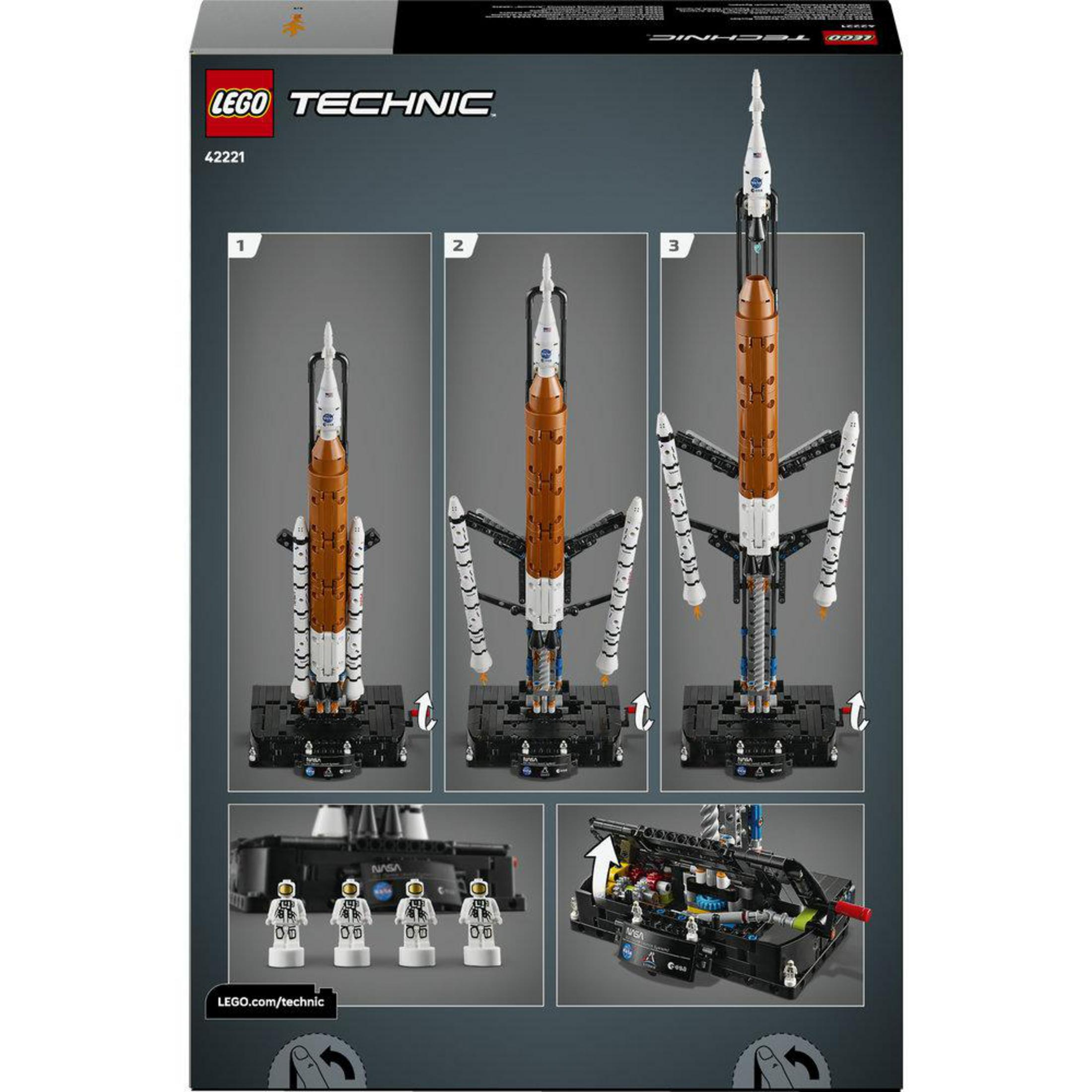 LEGO Technic Saturn V raketmodel, toont bouwfasen en astronauten.