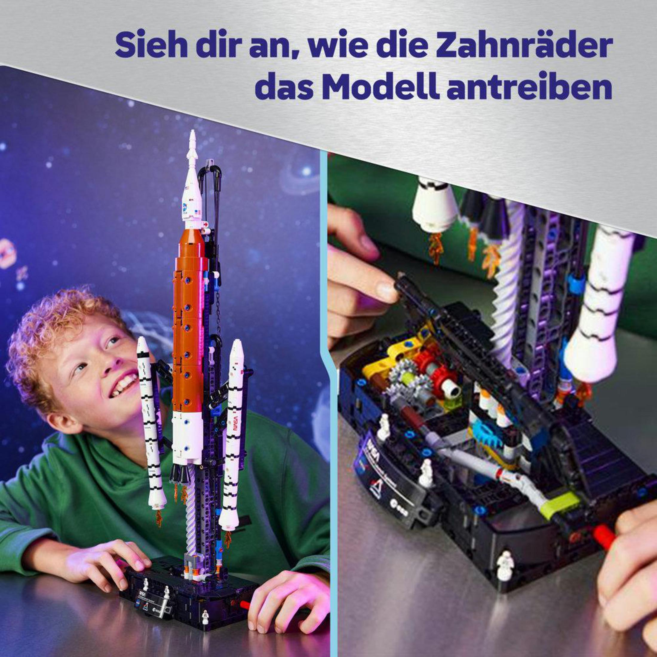 Jongen kijkt naar raketmodel. Handen bouwen aan ander model. Tandwielen zichtbaar.