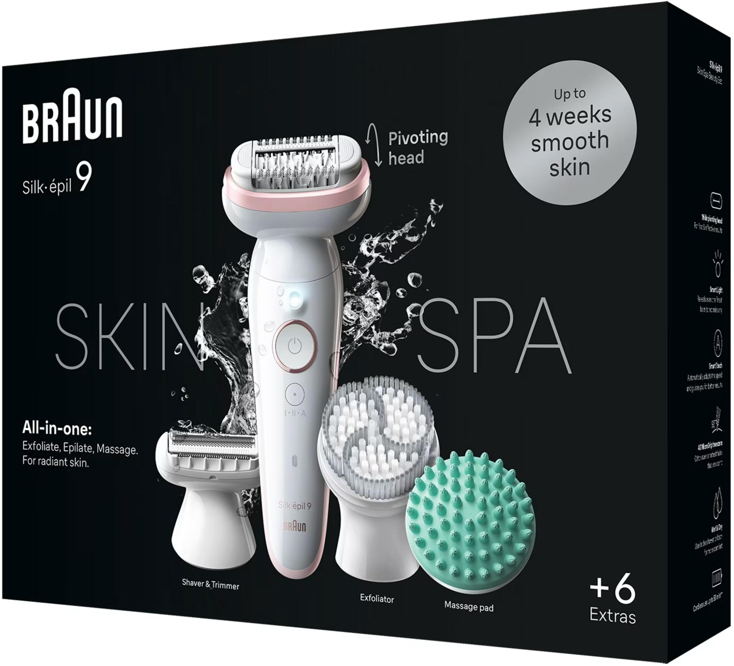Set Braun Silk-épil 9 con epilatore, accessori rasoio, esfoliatore e massaggio.
