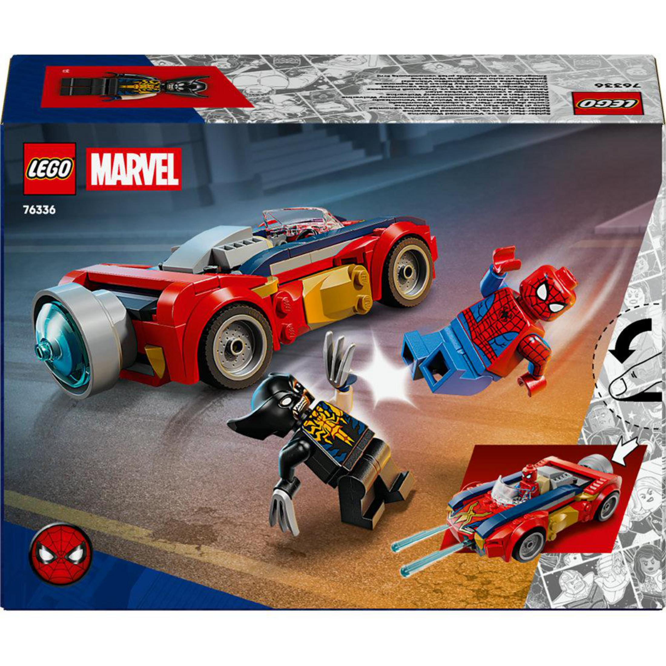 Set LEGO Marvel con figure di Spiderman e Wolverine che combattono vicino a un'auto rossa.