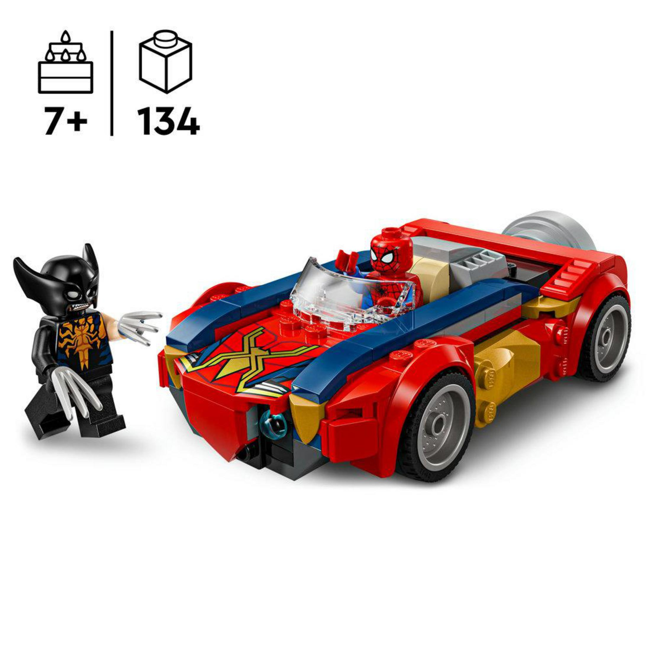 Una macchina Lego con minifigure di Spiderman e Wolverine.