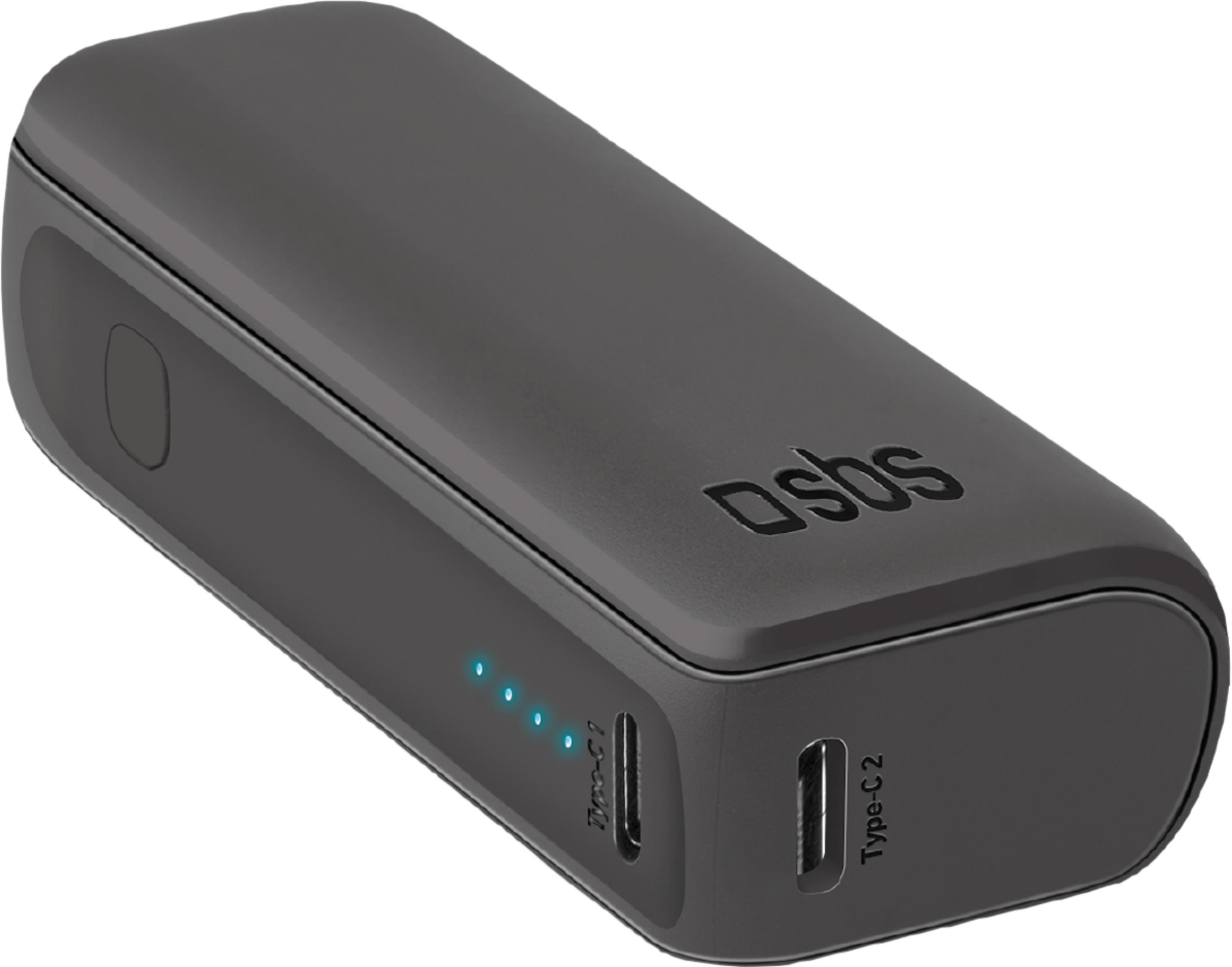 Un power bank scuro e rettangolare con logo SBS e indicatori di carica blu.