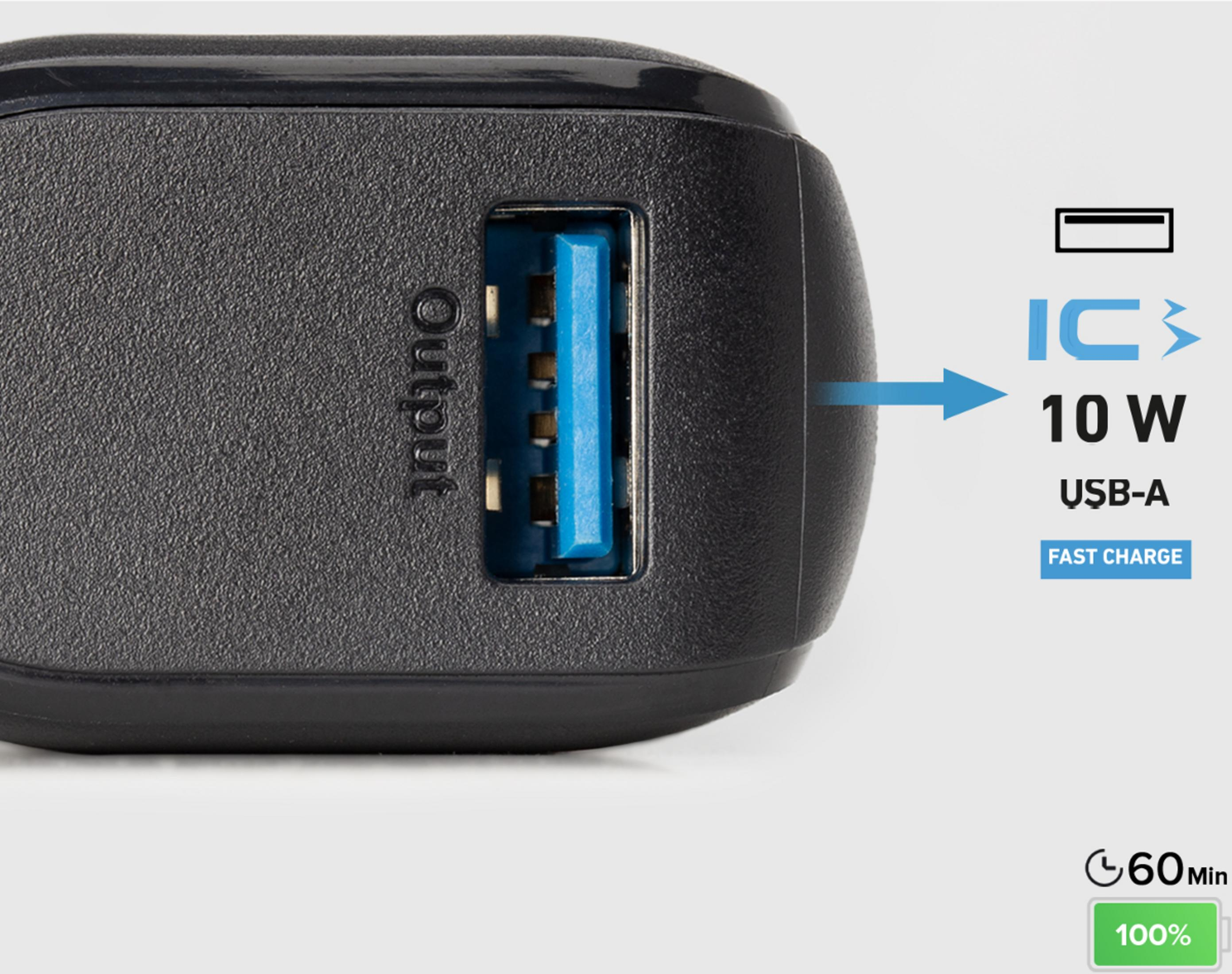 Caricatore nero con porta USB-A blu, 10W, ricarica rapida.