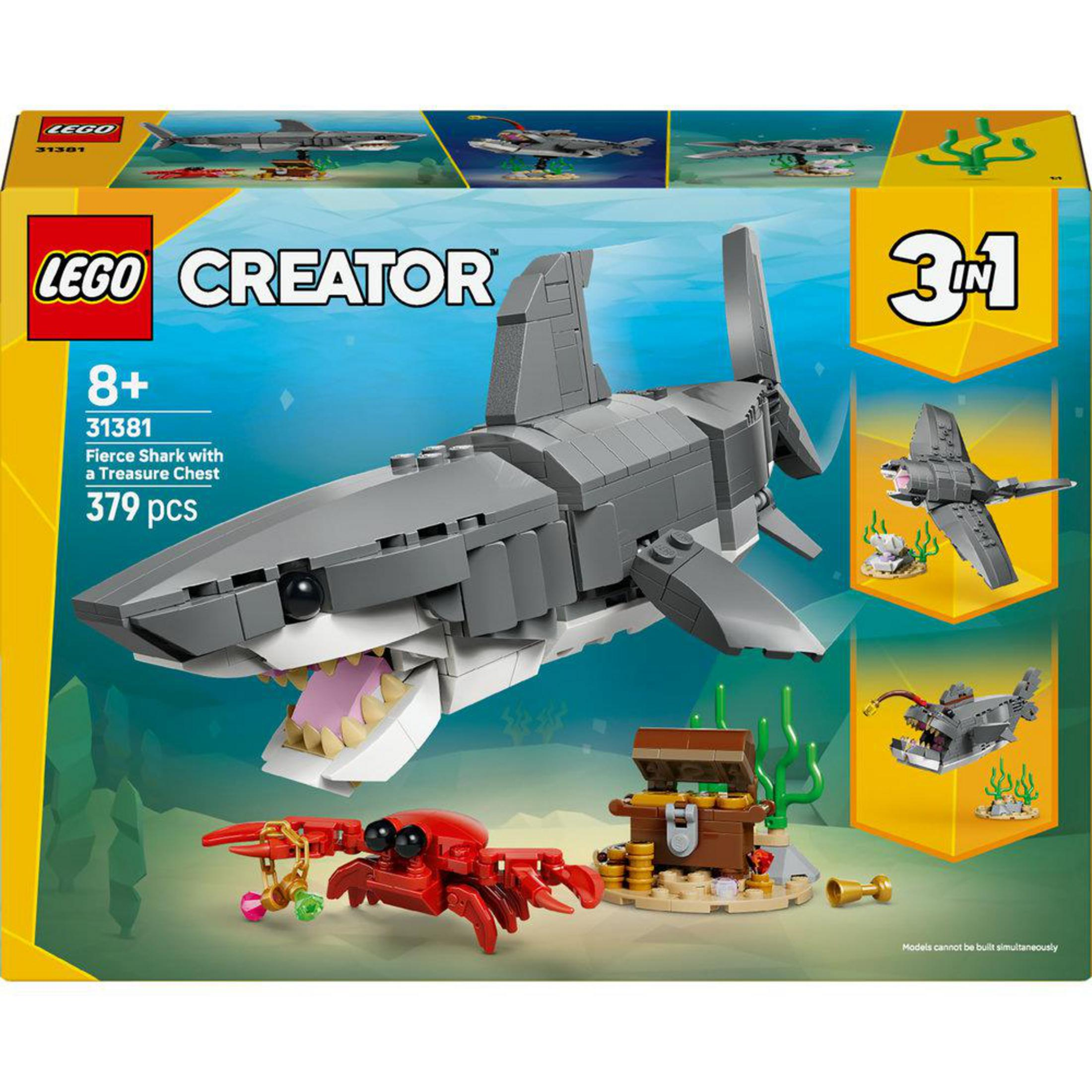 LEGO Creator Set 31381, gri Lego köpekbalığı, kırmızı yengeç, hazine sandığı ve gemi içerir. Üç inşa seçeneği vardır.