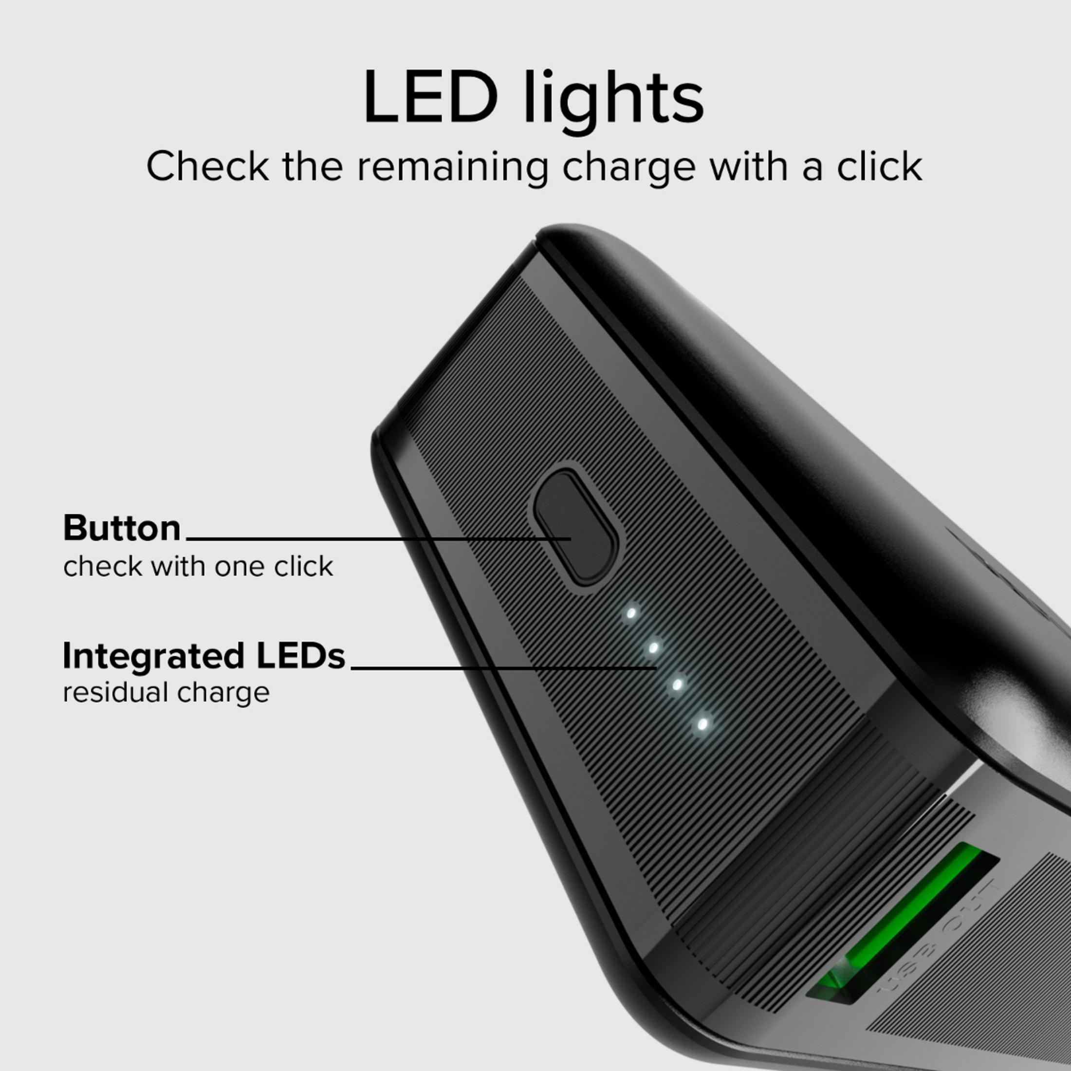 Czarny power bank z 3 świecącymi diodami LED wskazującymi poziom naładowania.