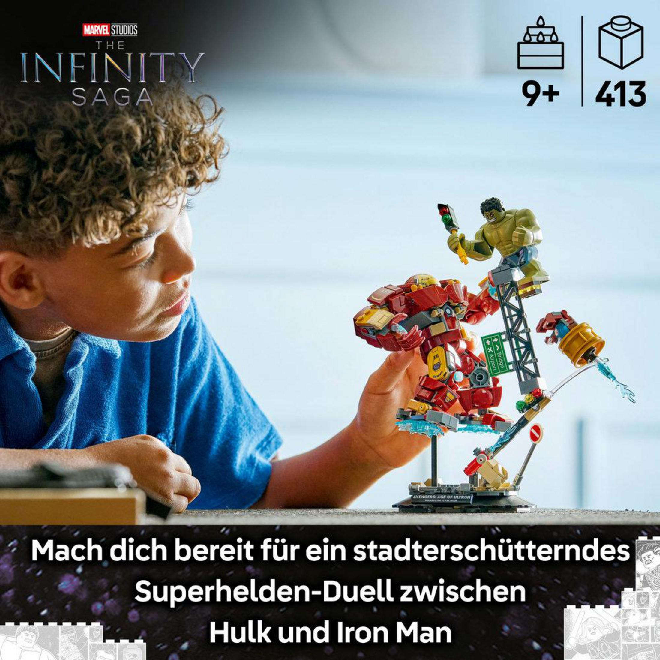 Un niño juega con un set de Lego de Hulk y Iron Man de la Saga del Infinito.