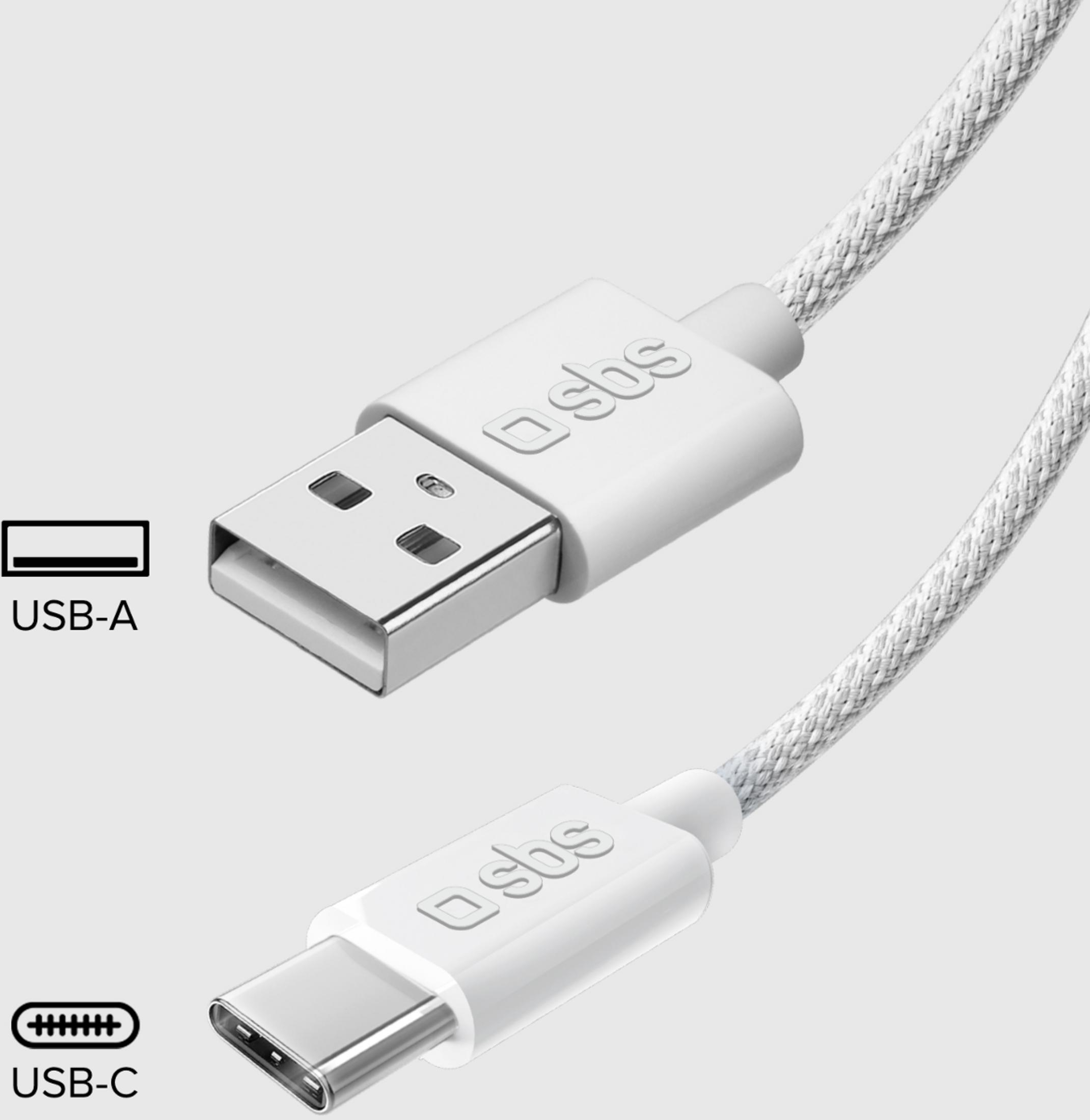 Cables USB-A y USB-C blancos con textura trenzada y logo SBS.