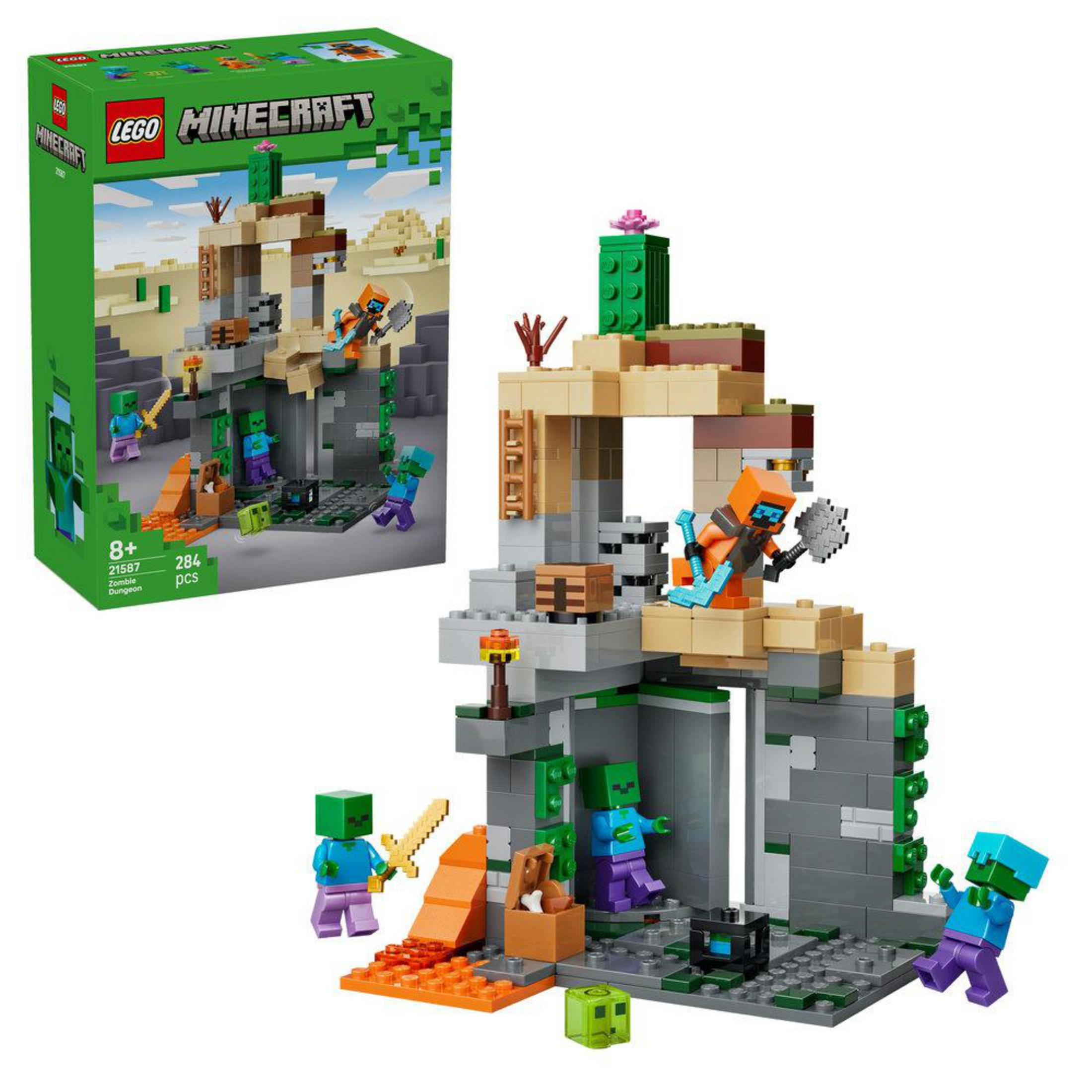 Set LEGO Minecraft con zombis, un jugador y un cofre.