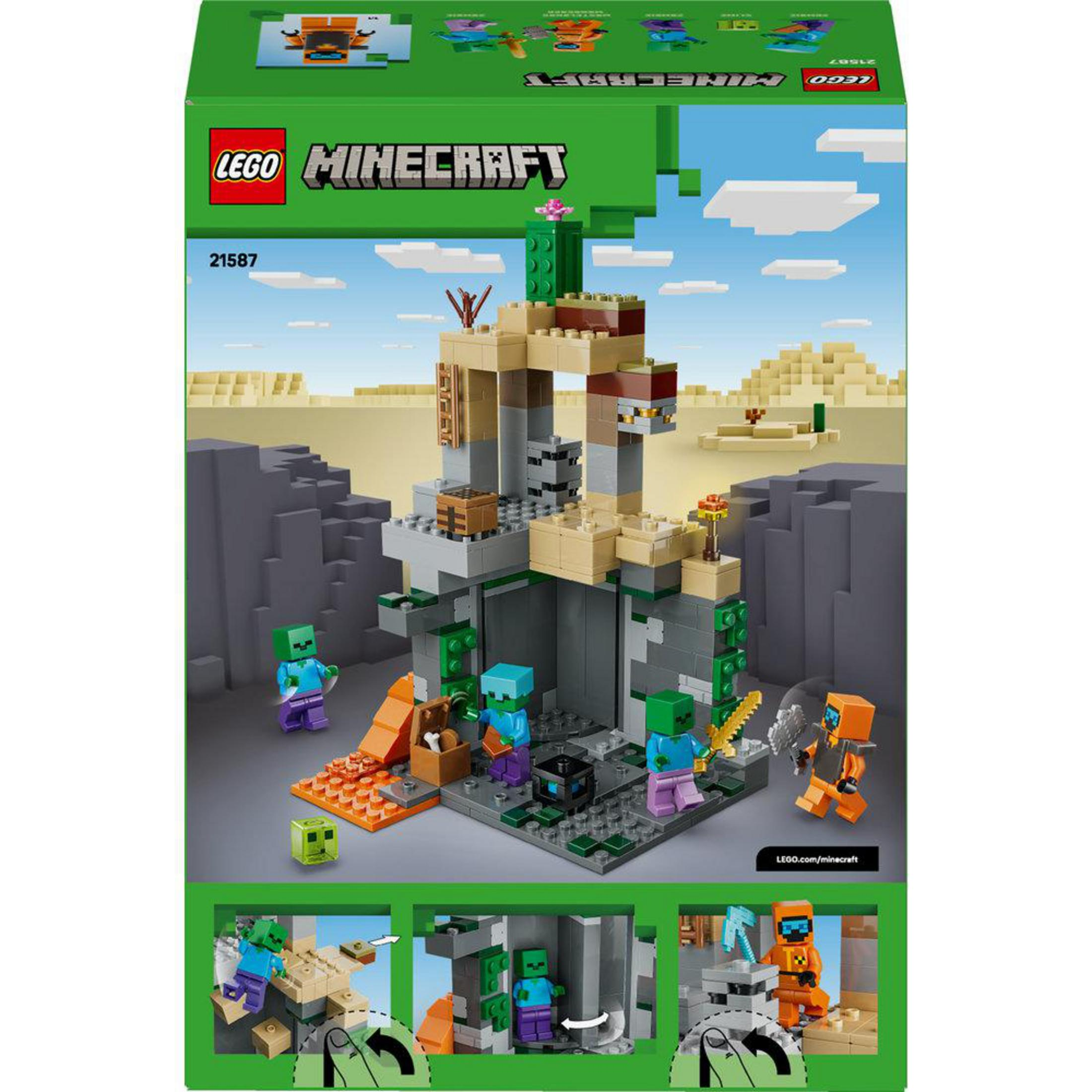Set LEGO Minecraft con paisaje desértico, figuras y construcción.