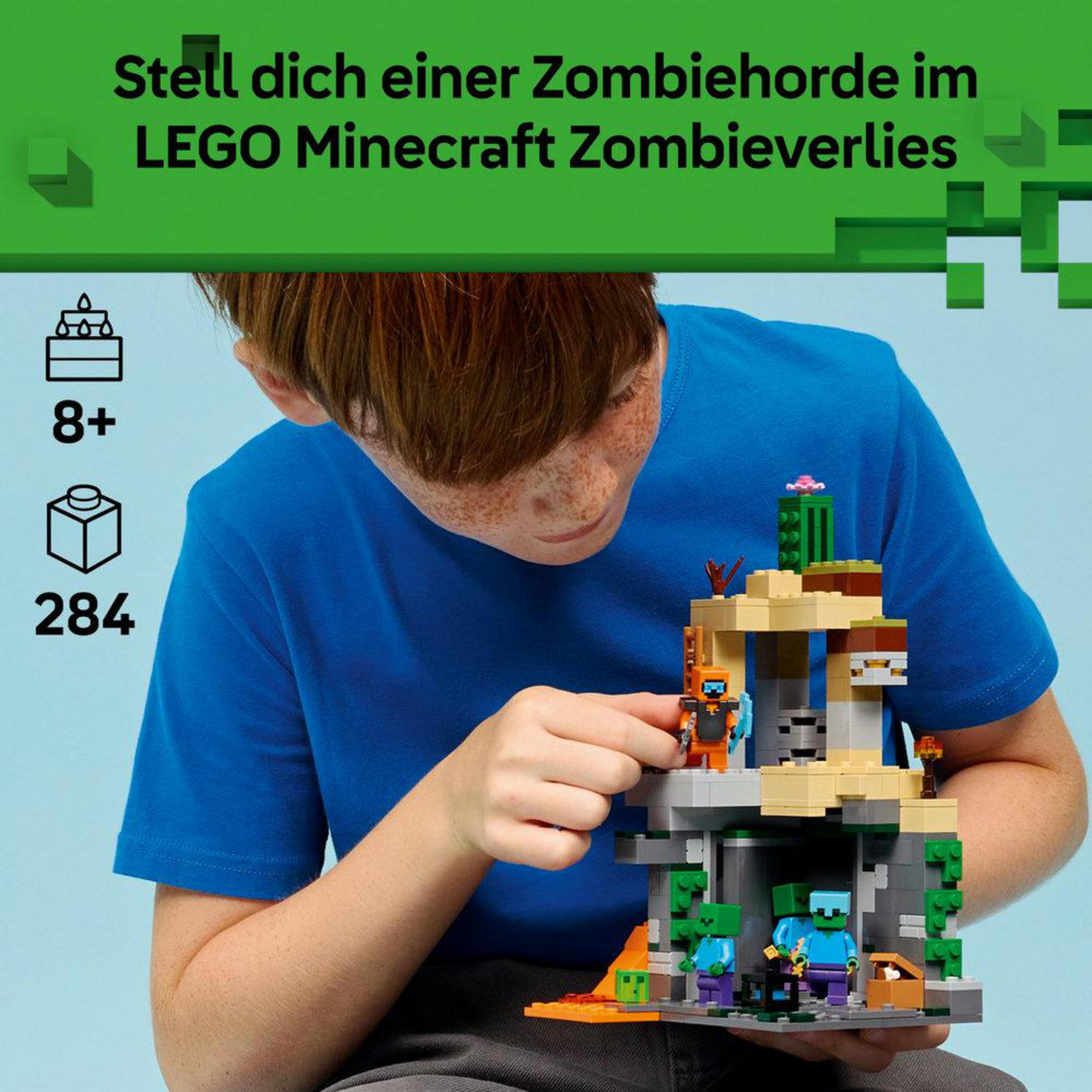 Niño juega con set LEGO Minecraft de zombis. Incluye 284 piezas, 8+ años.