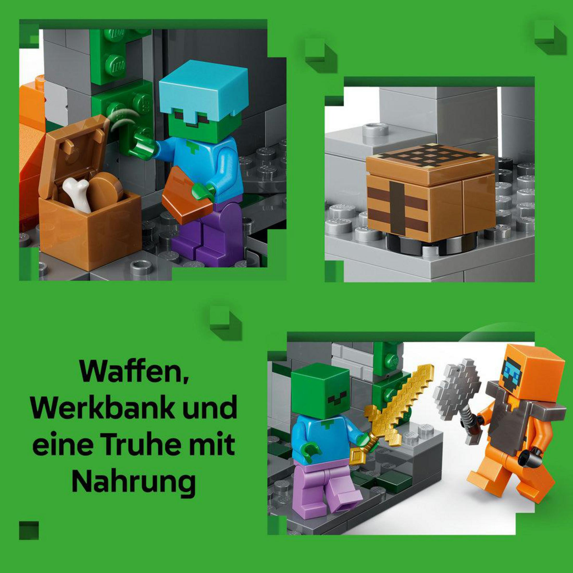 Escenas de LEGO Minecraft con figuras, cofre, banco de trabajo y colmena.