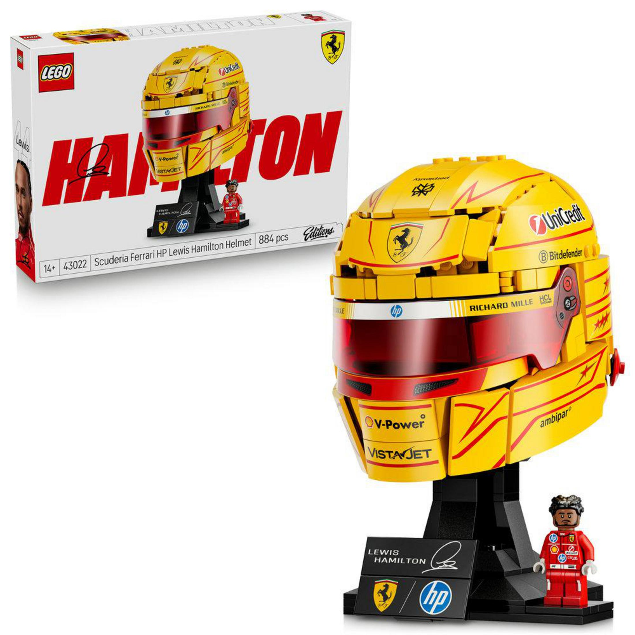 Set LEGO con elmo giallo Scuderia Ferrari Lewis Hamilton e minifiguretta.