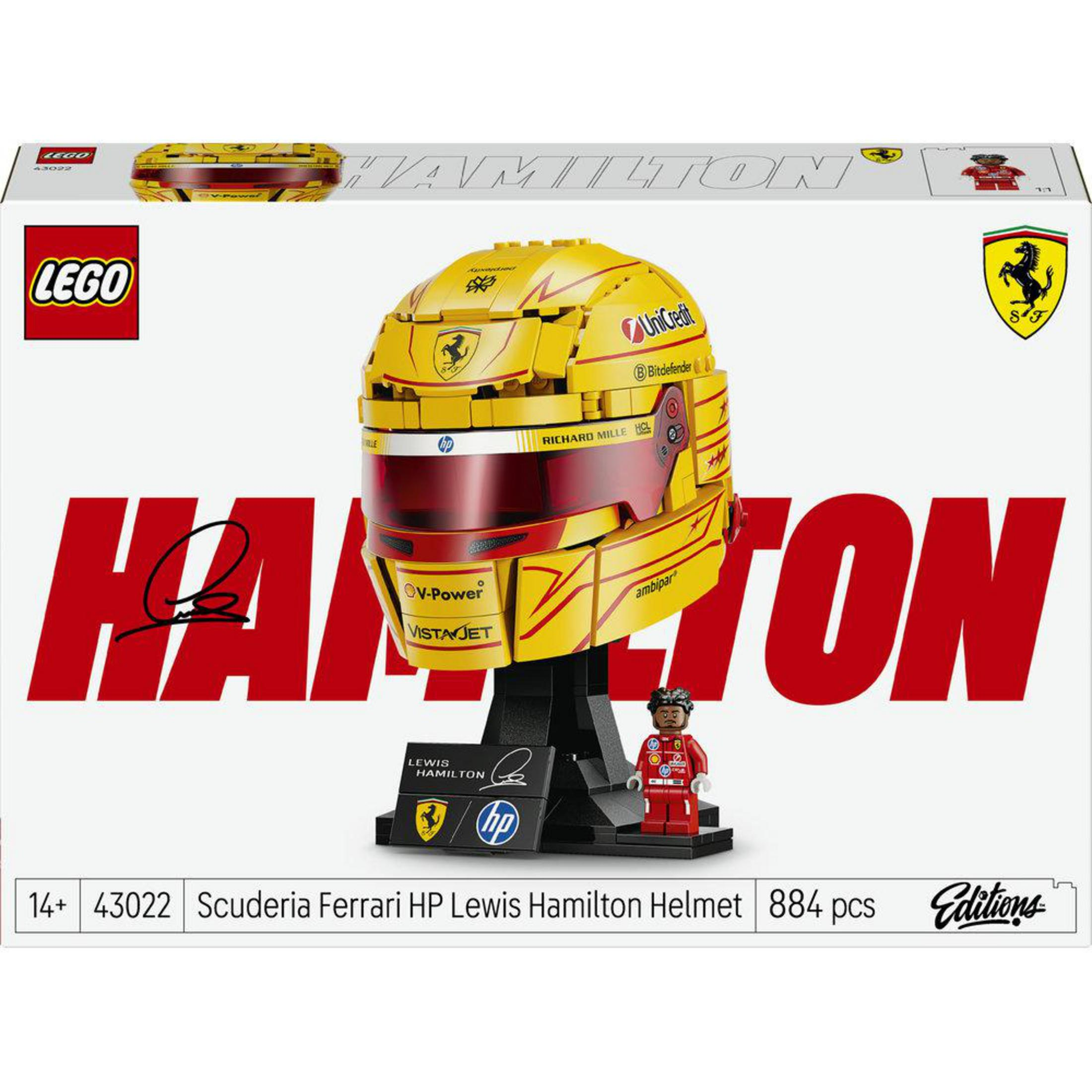 Set LEGO: Casco Ferrari di Lewis Hamilton con minifiguretta e supporto.