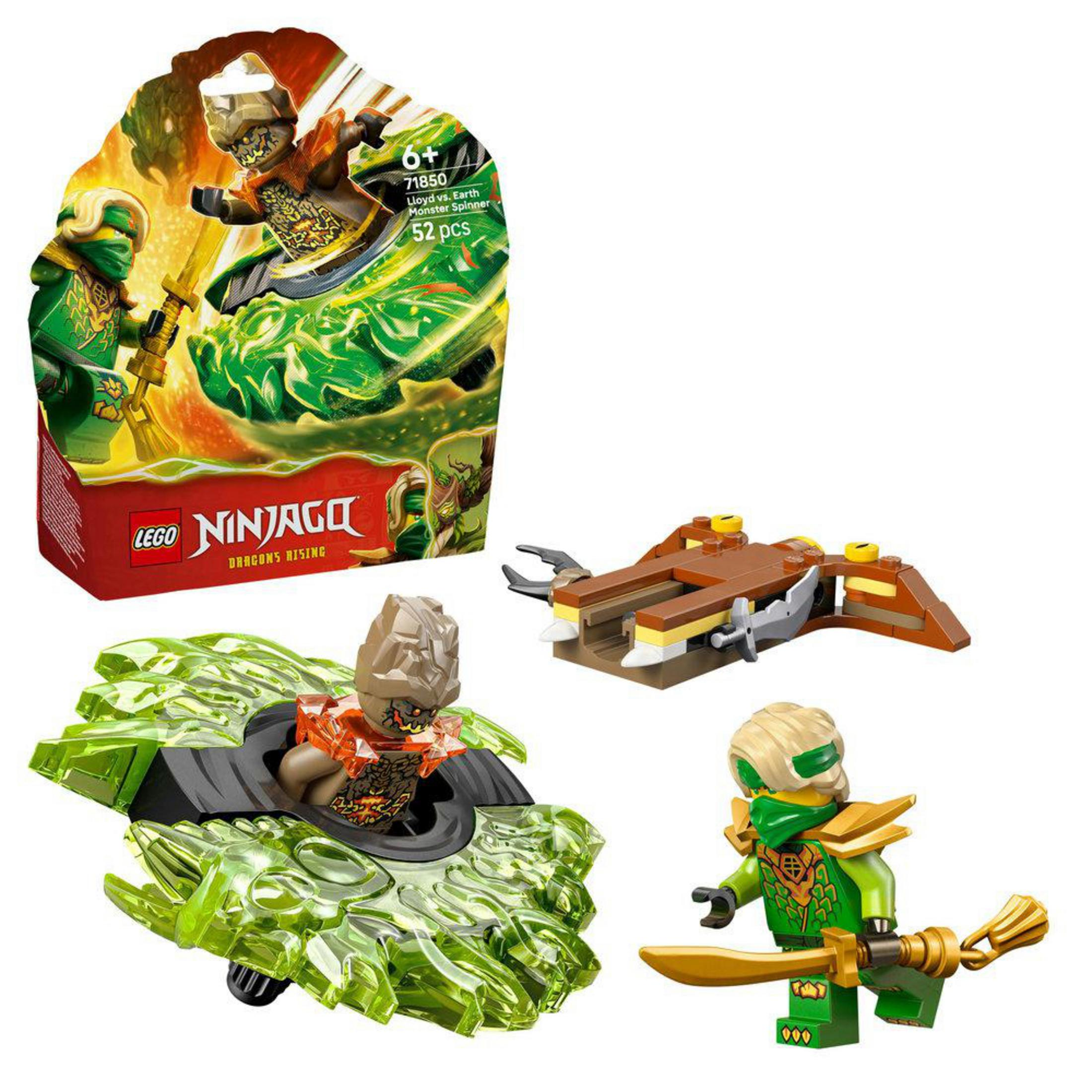 Set di gioco Lego Ninjago con spinner verde, veicolo marrone e figura ninja verde con spada.