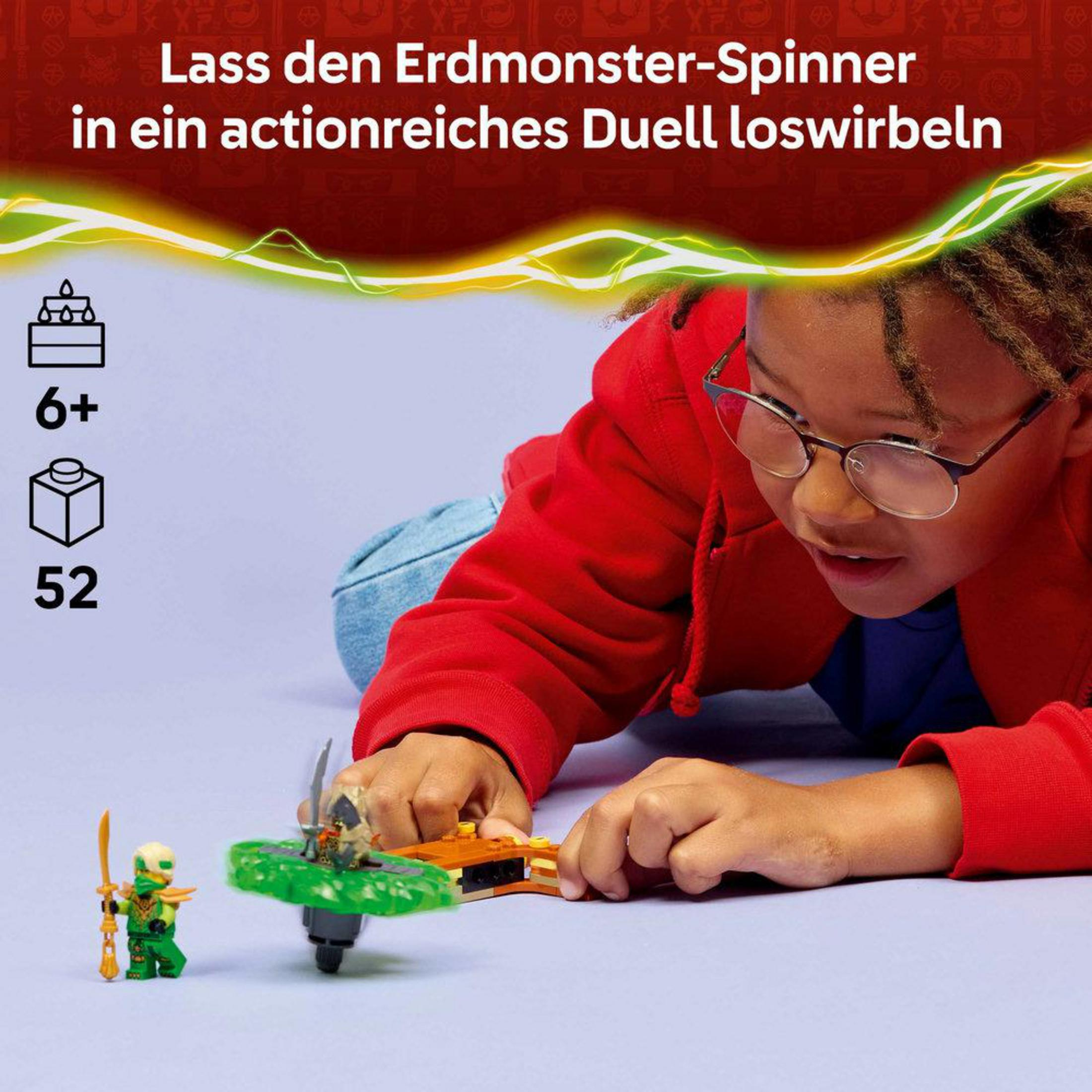 Bambino con occhiali gioca con figure Lego e trottole, 6+, 52 pezzi.