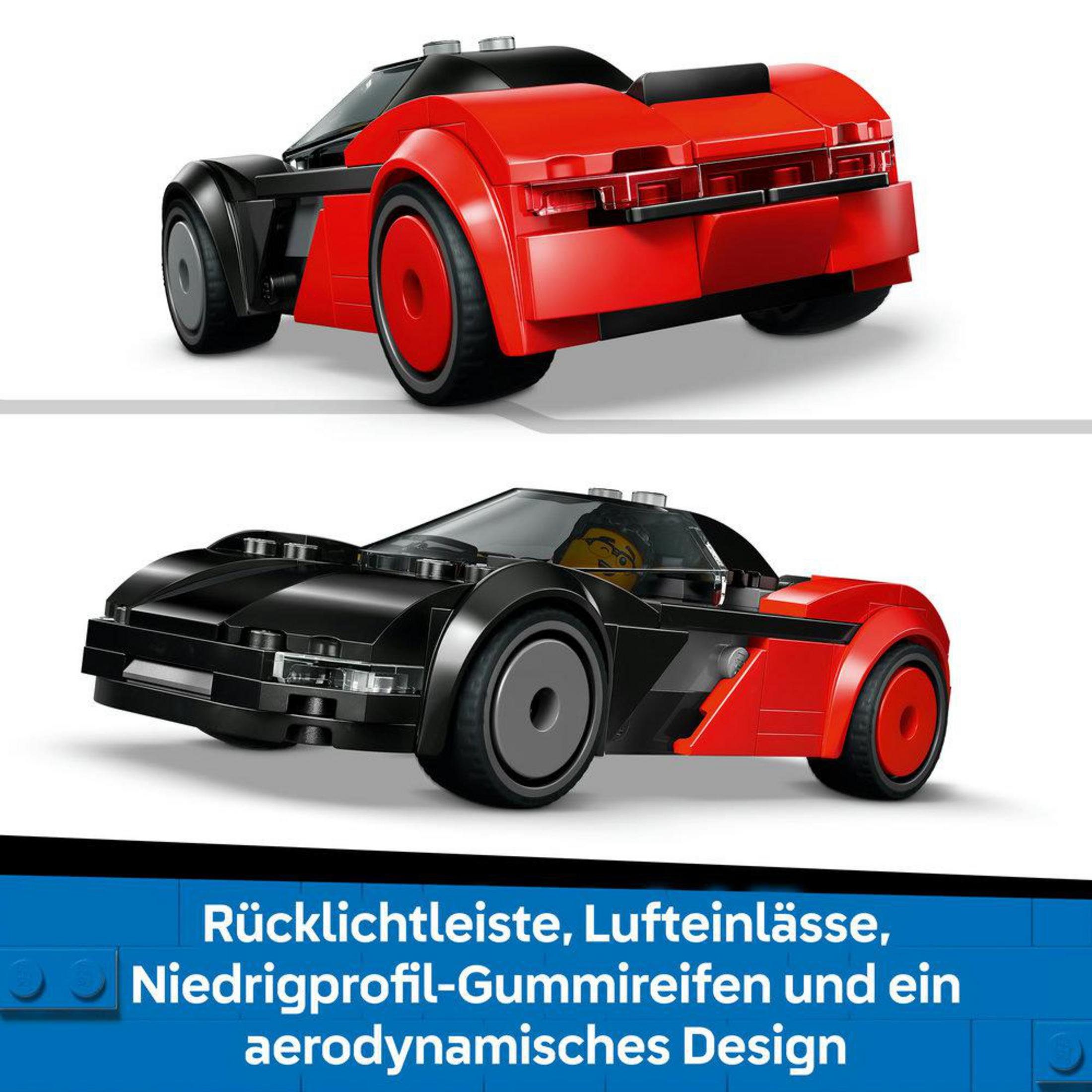 Coche Lego rojo y negro con ruedas y cabina. Barra de luces traseras, tomas de aire, neumáticos.
