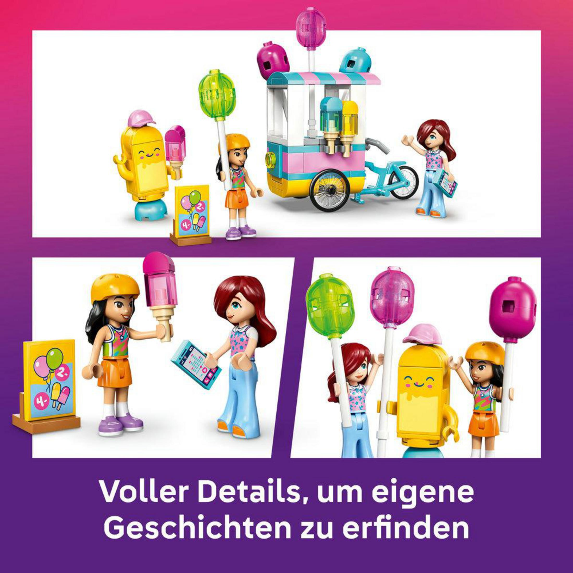 Renkli Lego figürleri dondurma arabası ve scooterlarla oynuyor.