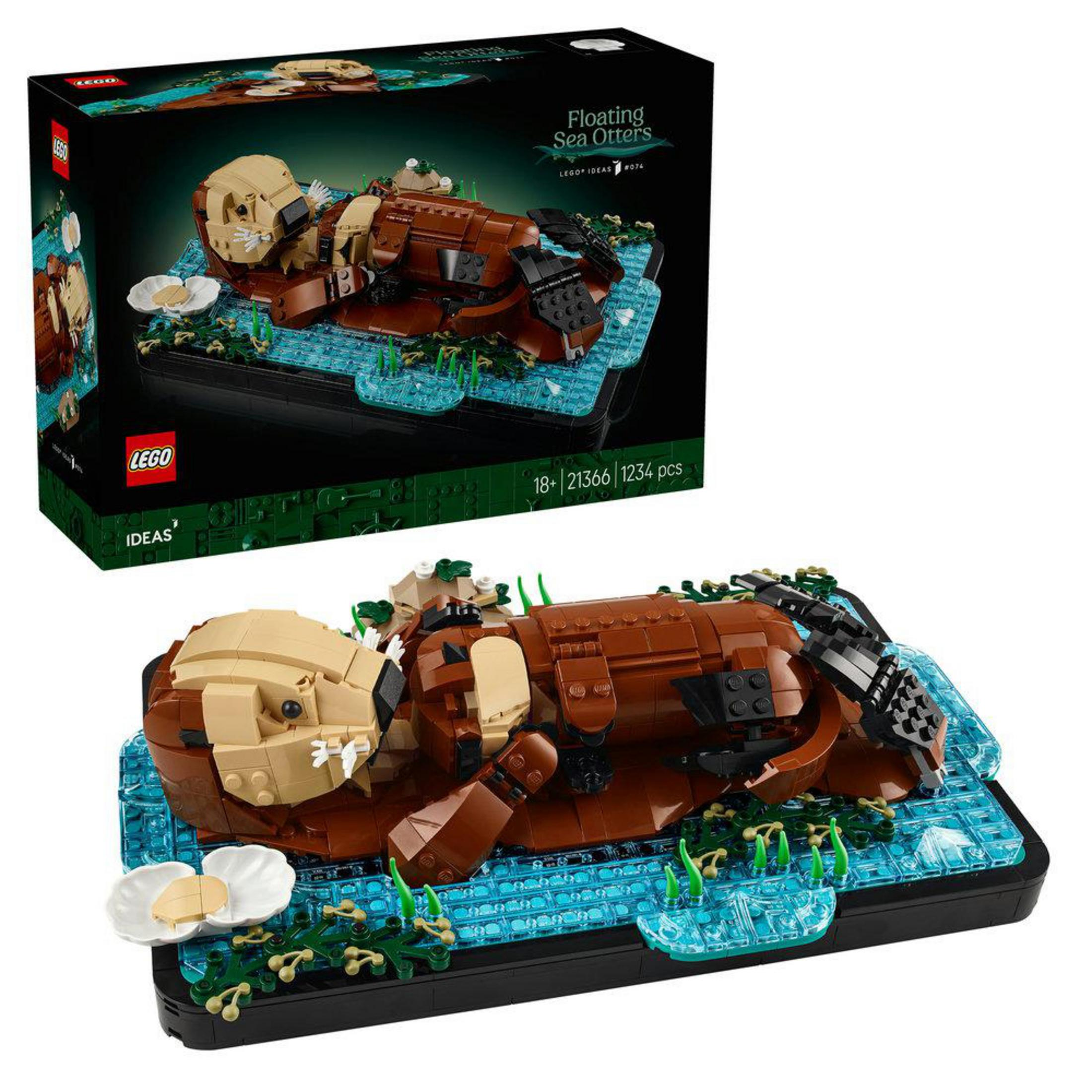 Zestaw LEGO przedstawia wydrę morską zbudowaną z klocków, pływającą po niebieskiej wodzie.