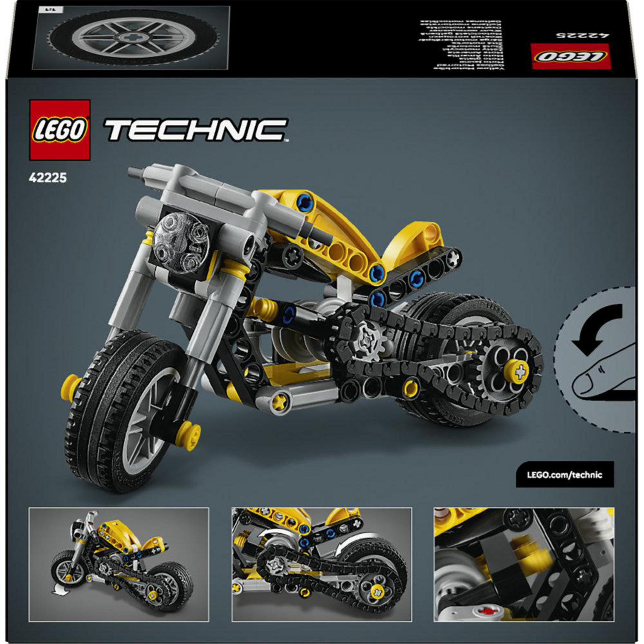 Set de construcción de motocicleta amarilla LEGO Technic con cadena y ruedas.