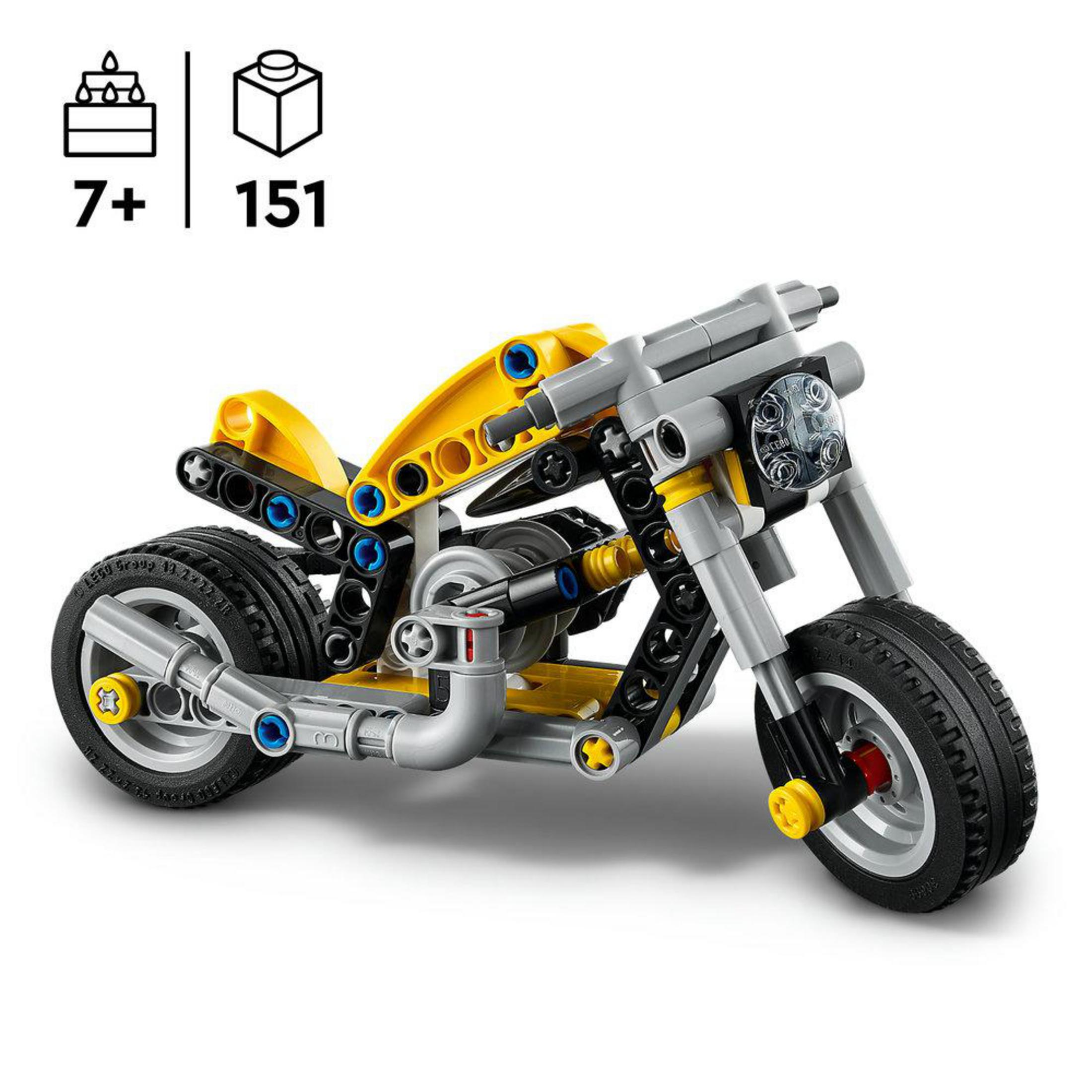 Una motocicleta Lego amarilla y gris con ruedas negras.