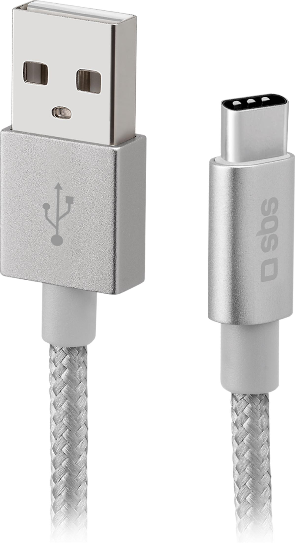 Ein silbernes USB-A-zu-USB-C-Kabel mit geflochtenem Schaft.